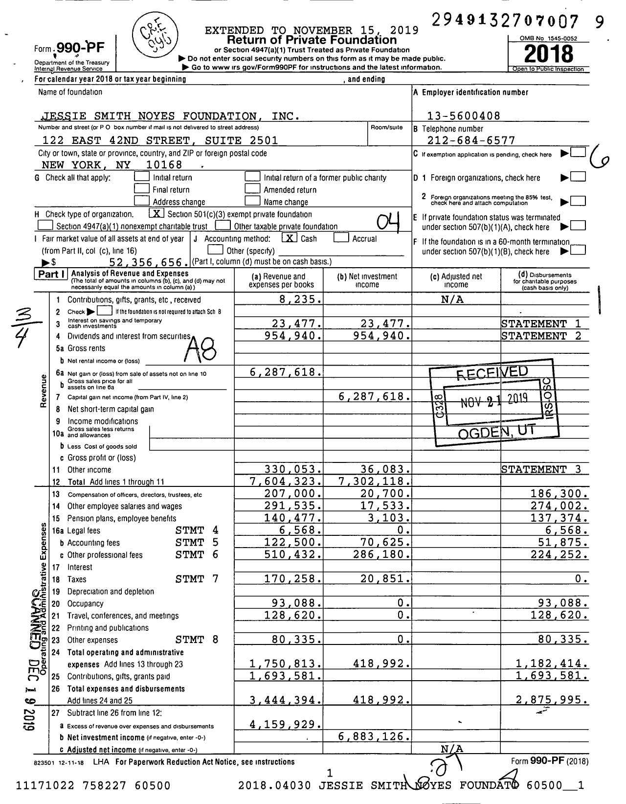 Image of first page of 2018 Form 990PF for Jessie Smith Noyes Foundation