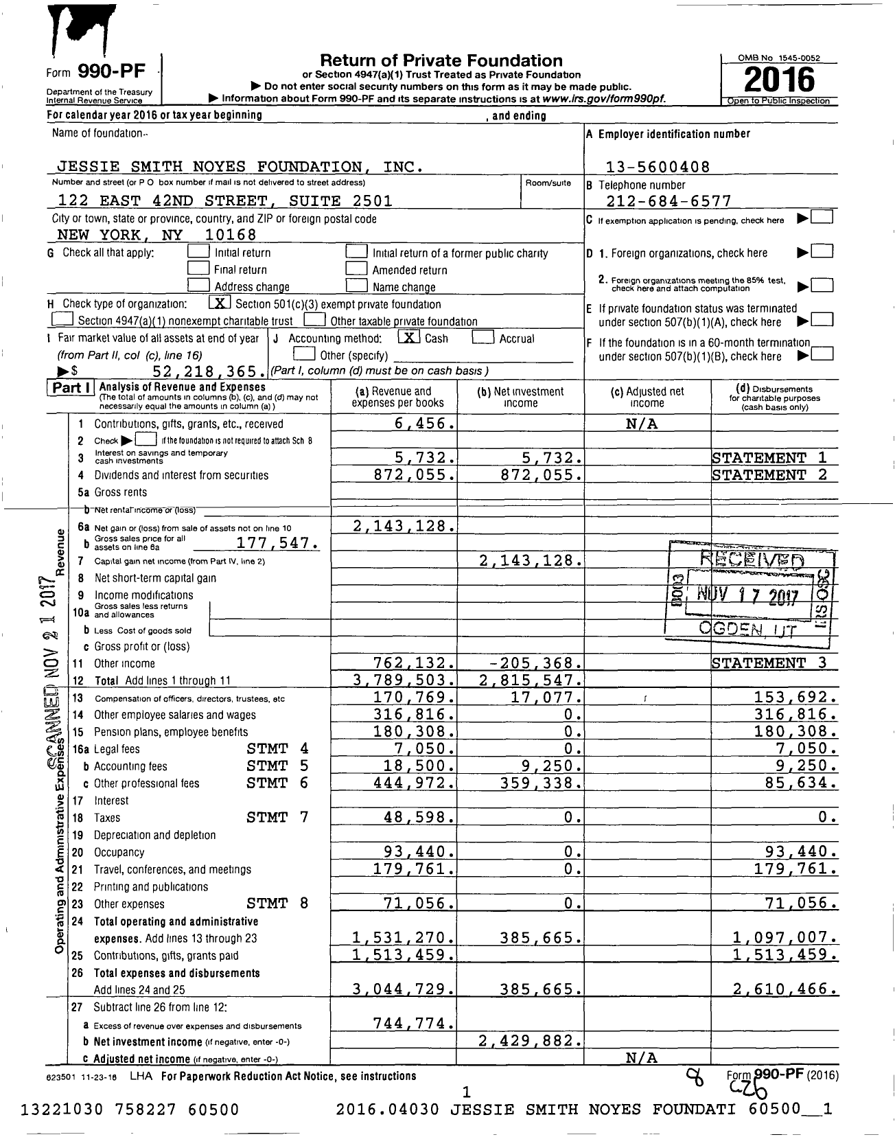 Image of first page of 2016 Form 990PF for Jessie Smith Noyes Foundation