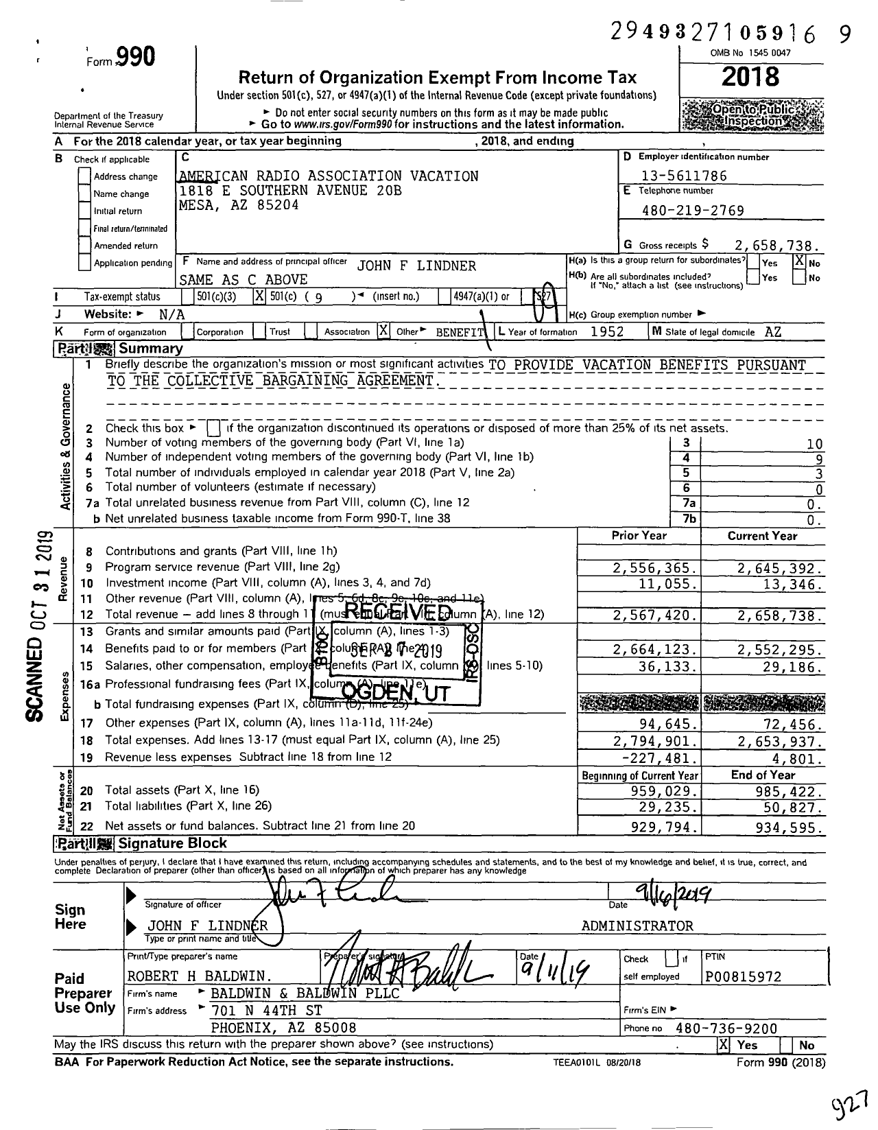 Image of first page of 2018 Form 990O for American Radio Association Vacation