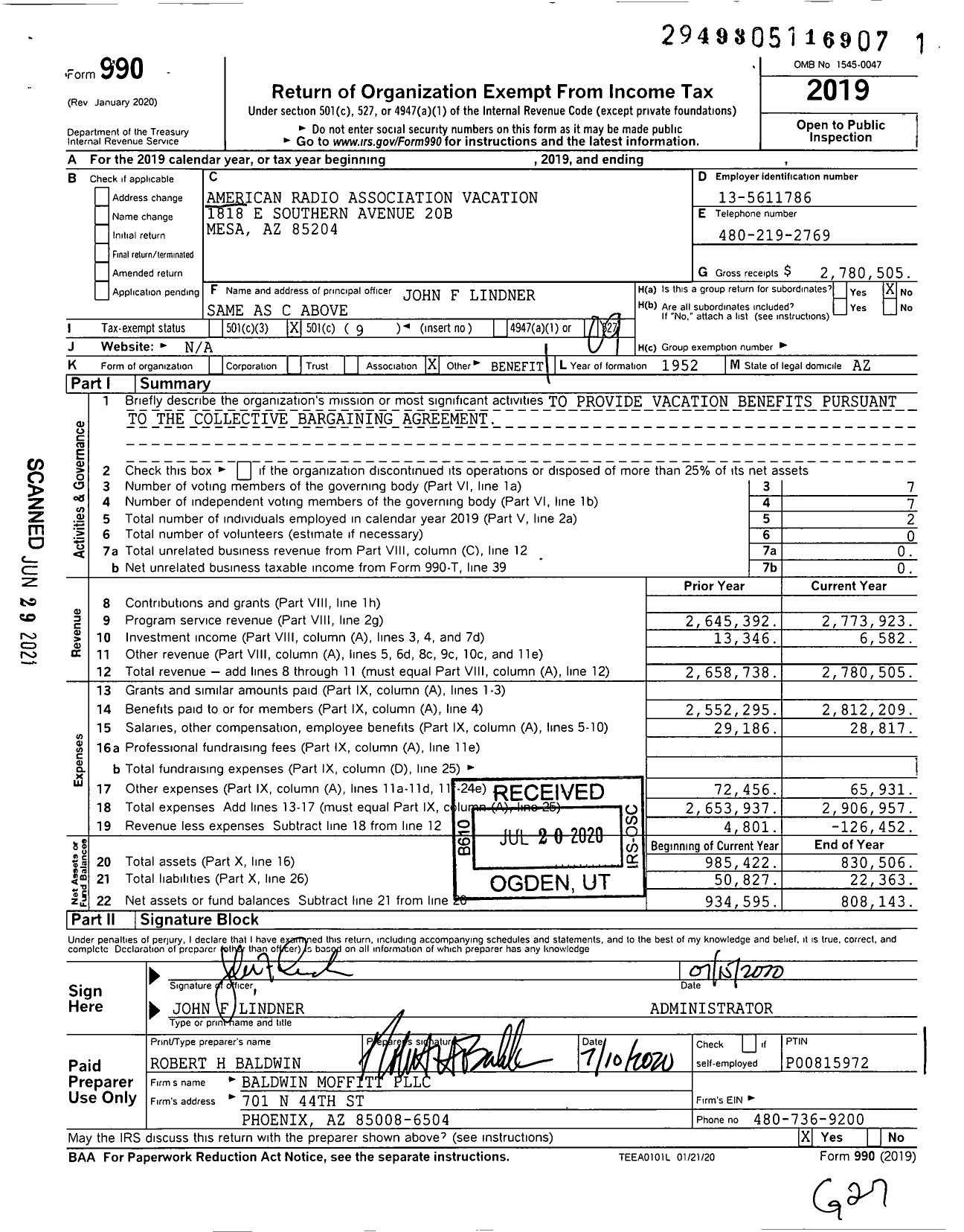 Image of first page of 2019 Form 990O for American Radio Association Vacation