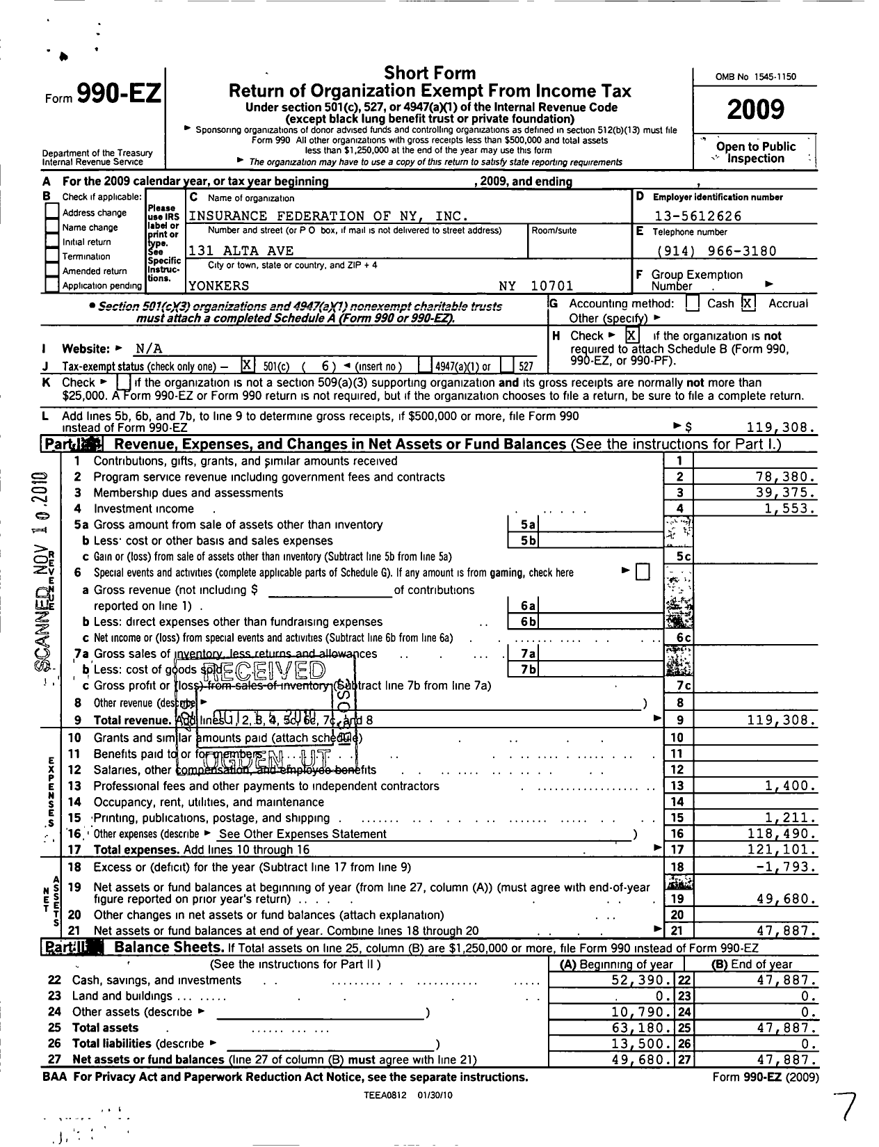 Image of first page of 2009 Form 990EO for Insurance Federation of New York