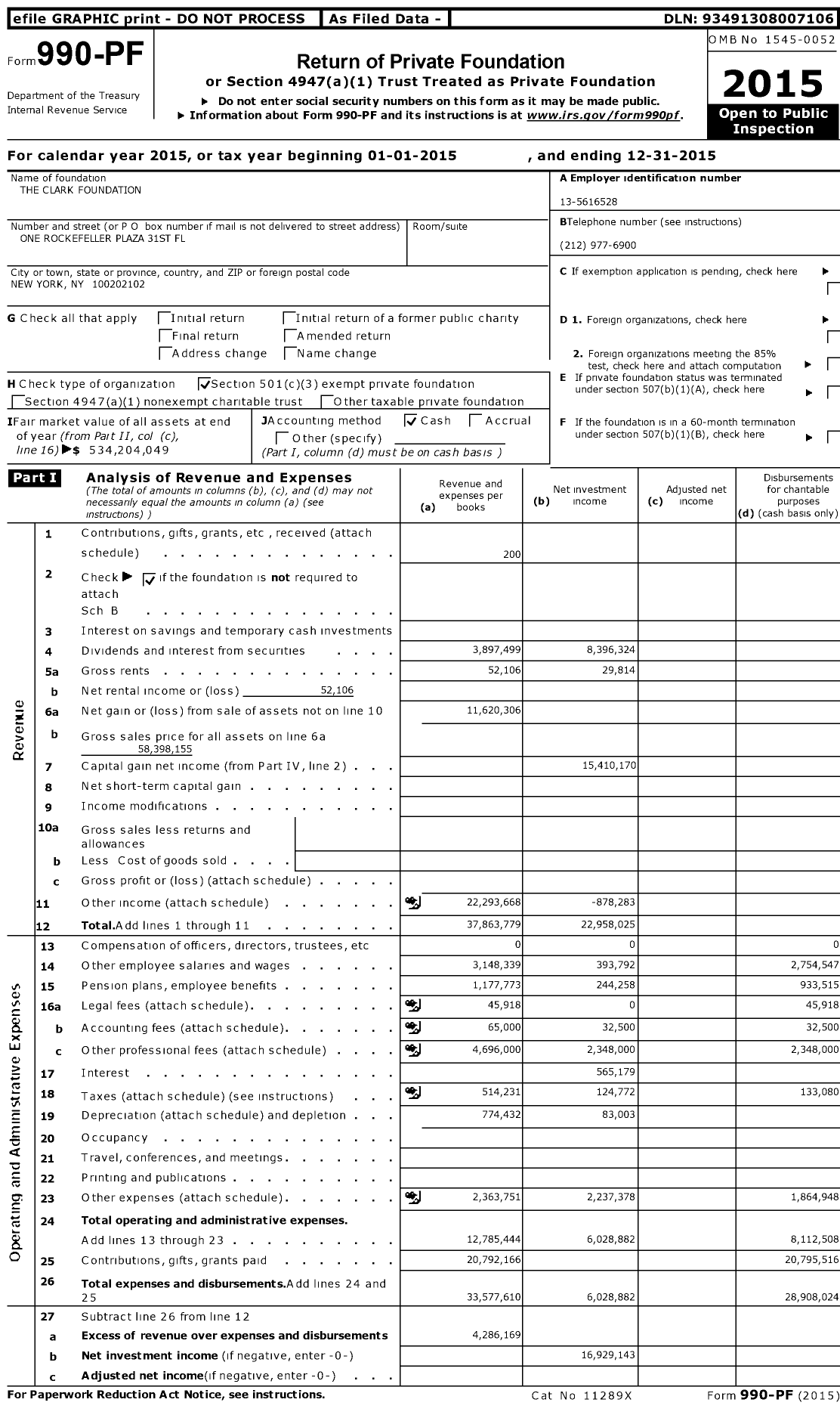 Image of first page of 2015 Form 990PF for The Clark Foundation