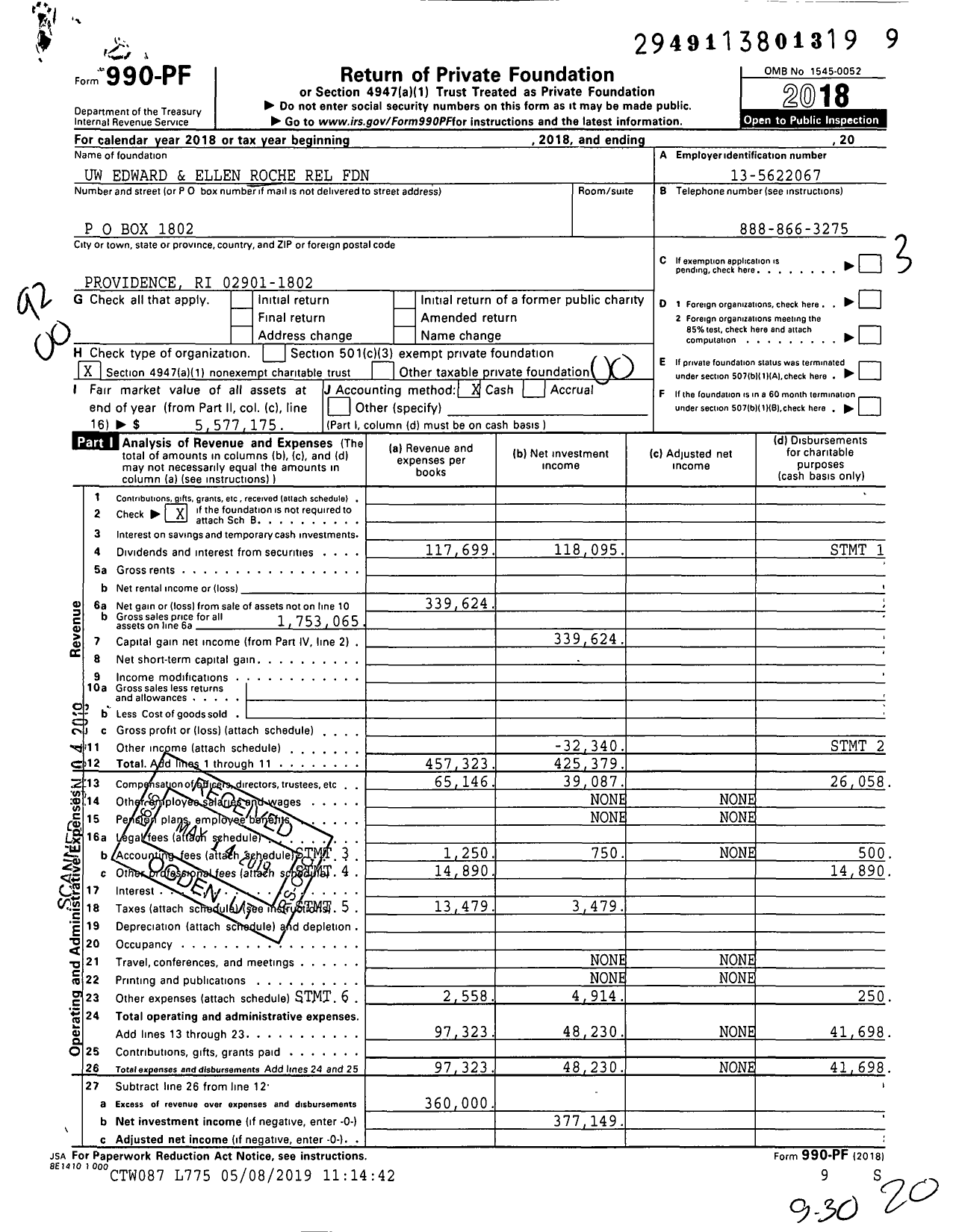 Image of first page of 2018 Form 990PF for Uw Edward and Ellen Roche Rel Foundation