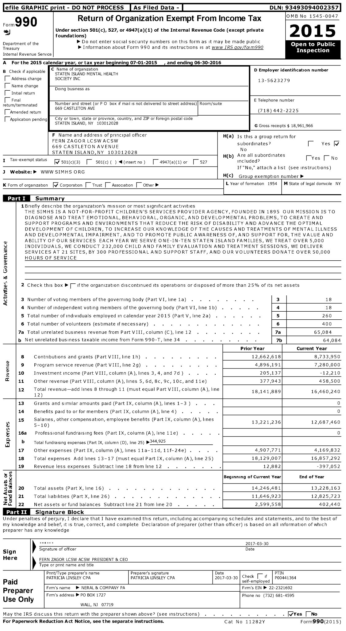 Image of first page of 2015 Form 990 for Staten Island Mental Health Society