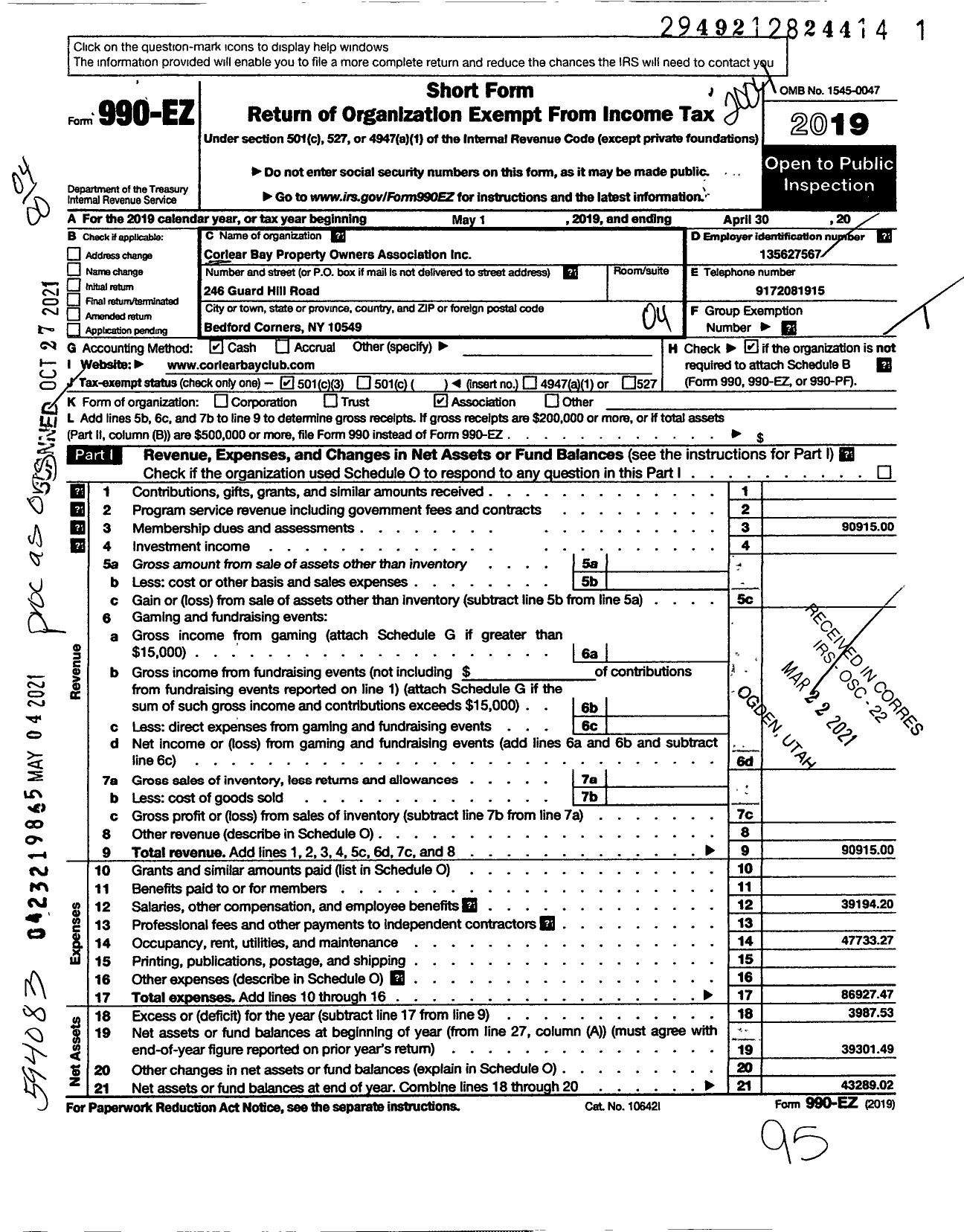 Image of first page of 2019 Form 990EO for Corlear Bay Property Owners Association