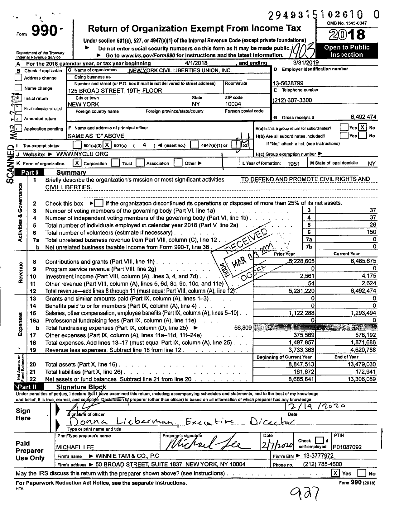 Image of first page of 2018 Form 990O for New York Civil Liberties Union (NYCLU)