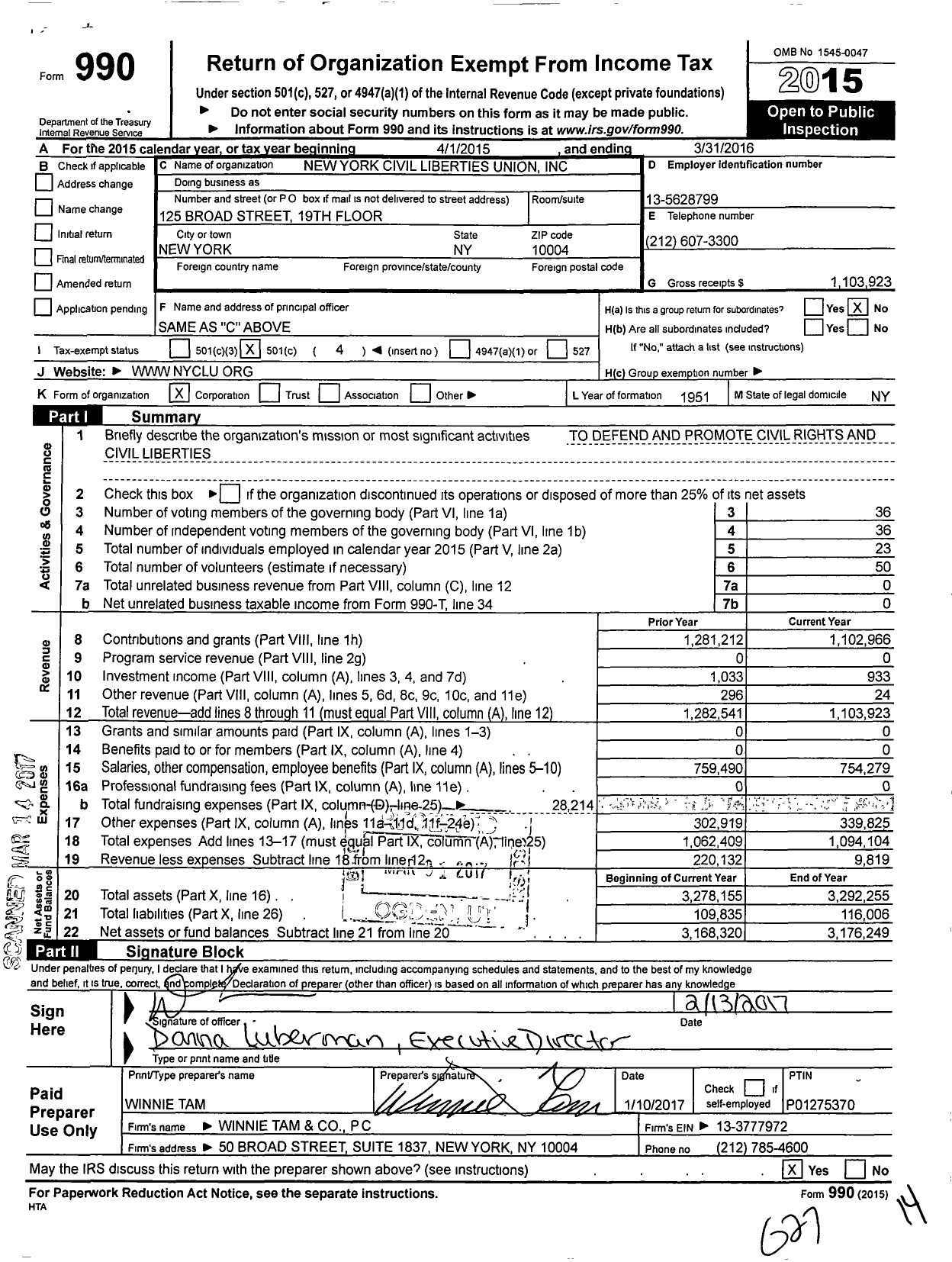 Image of first page of 2015 Form 990O for New York Civil Liberties Union (NYCLU)