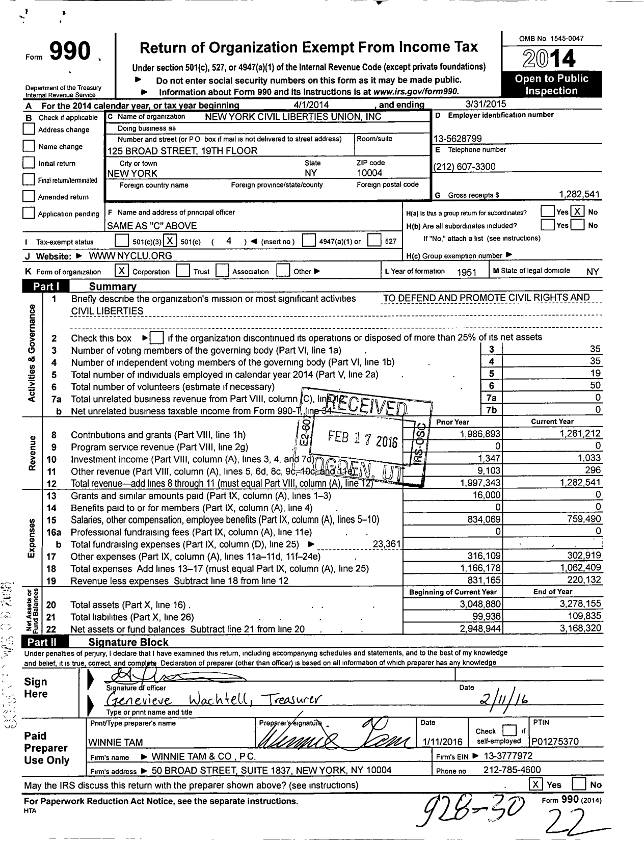 Image of first page of 2014 Form 990O for New York Civil Liberties Union (NYCLU)