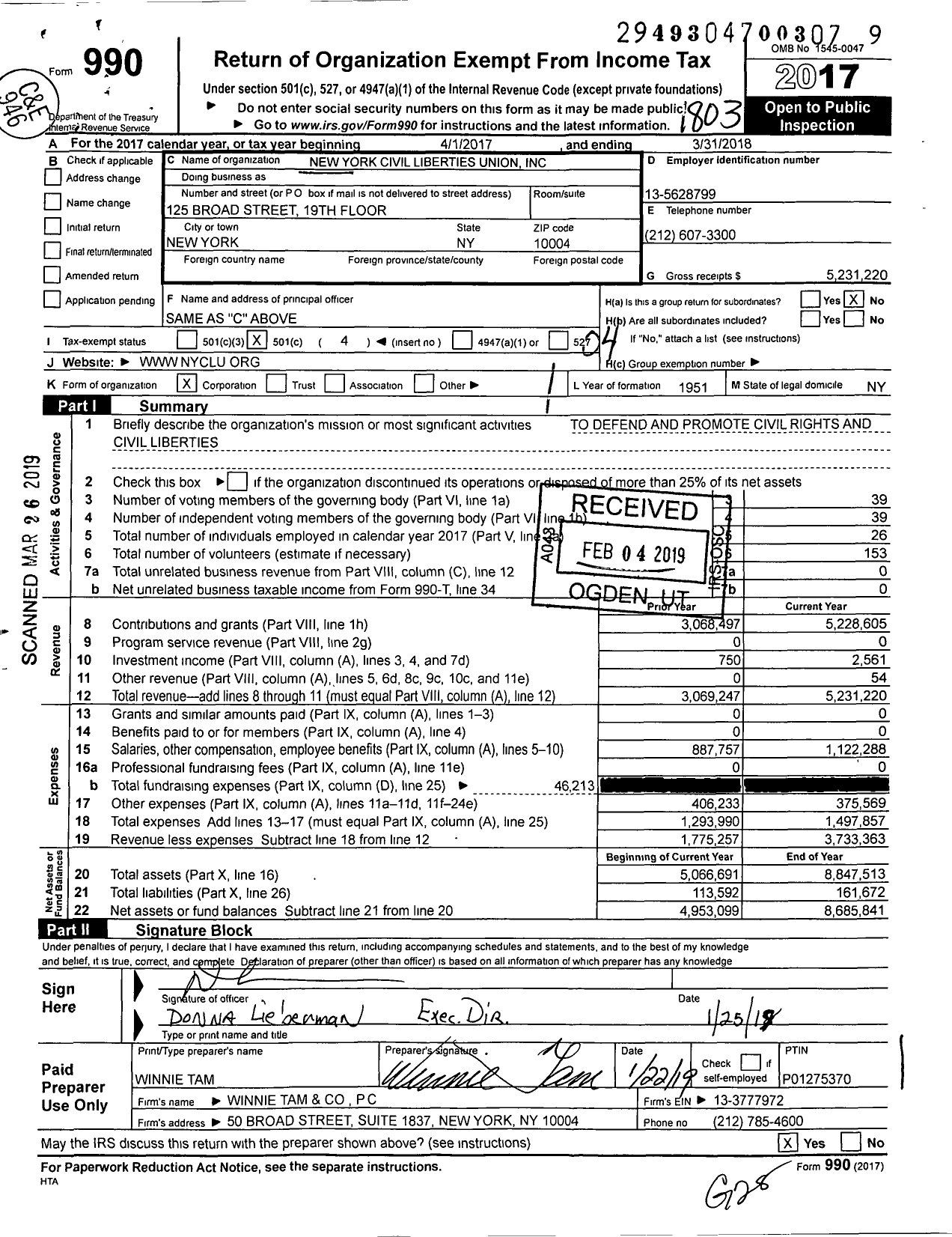 Image of first page of 2017 Form 990O for New York Civil Liberties Union (NYCLU)