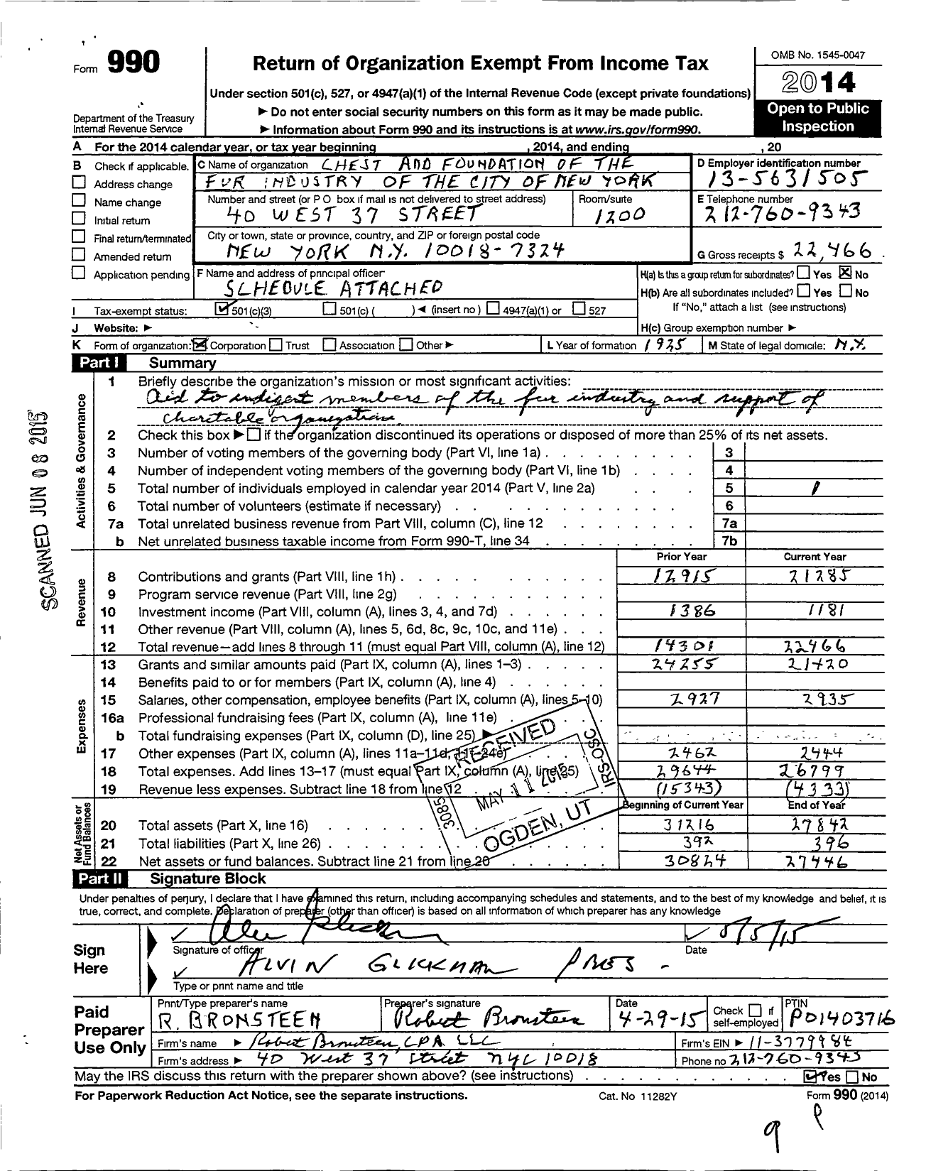 Image of first page of 2014 Form 990 for Chest and Foundation of the Fur Industry of the City of New York I