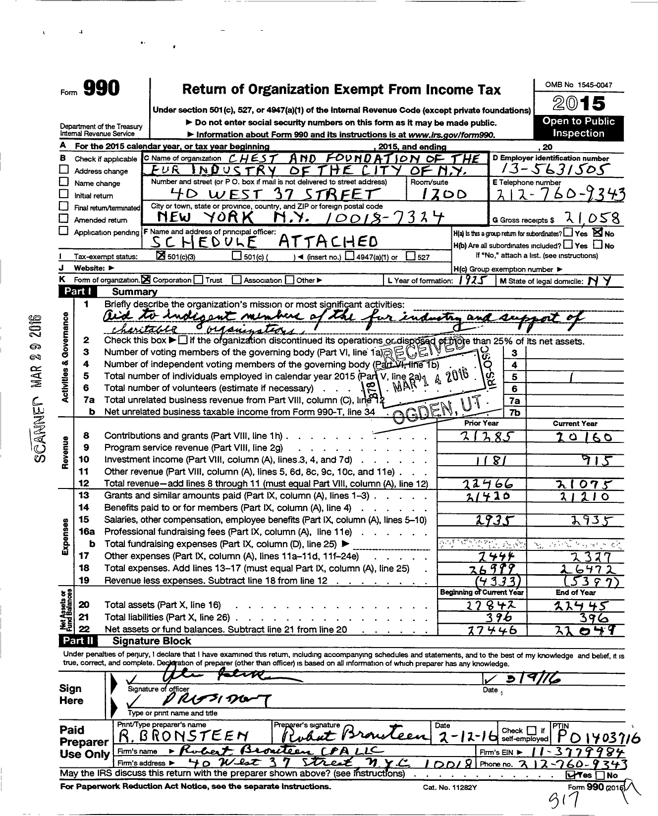 Image of first page of 2015 Form 990 for Chest and Foundation of the Fur Industry of the City of New York I