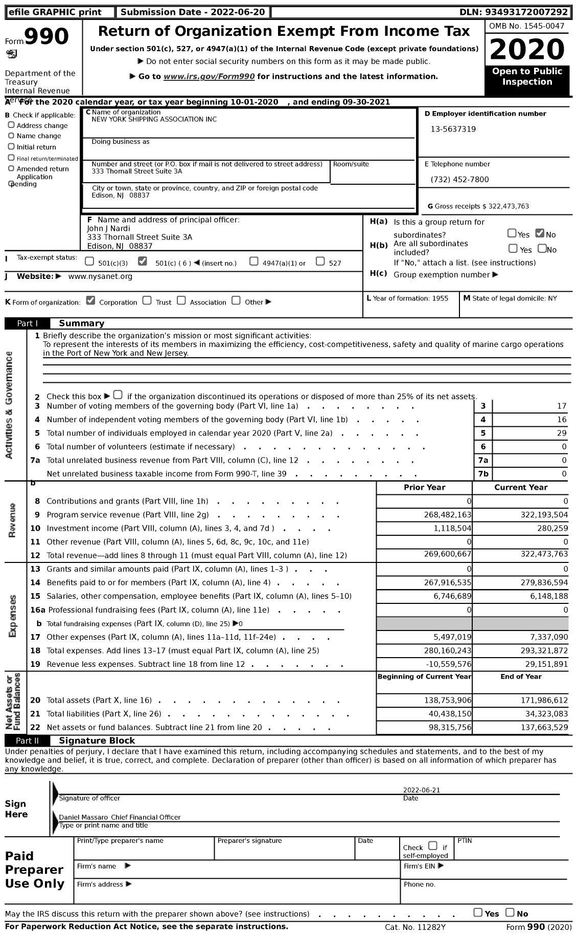 Image of first page of 2020 Form 990 for Shipping Association of New York & New Jersey