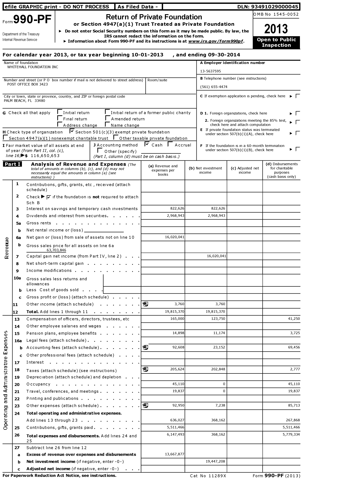Image of first page of 2013 Form 990PF for Whitehall Foundation