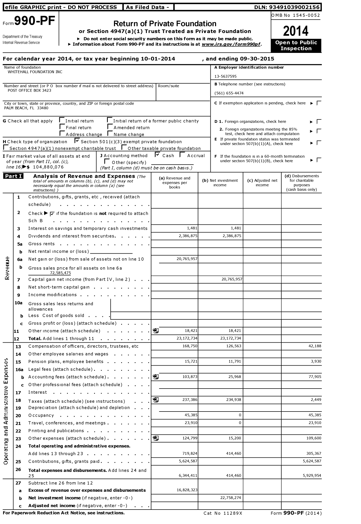 Image of first page of 2014 Form 990PF for Whitehall Foundation