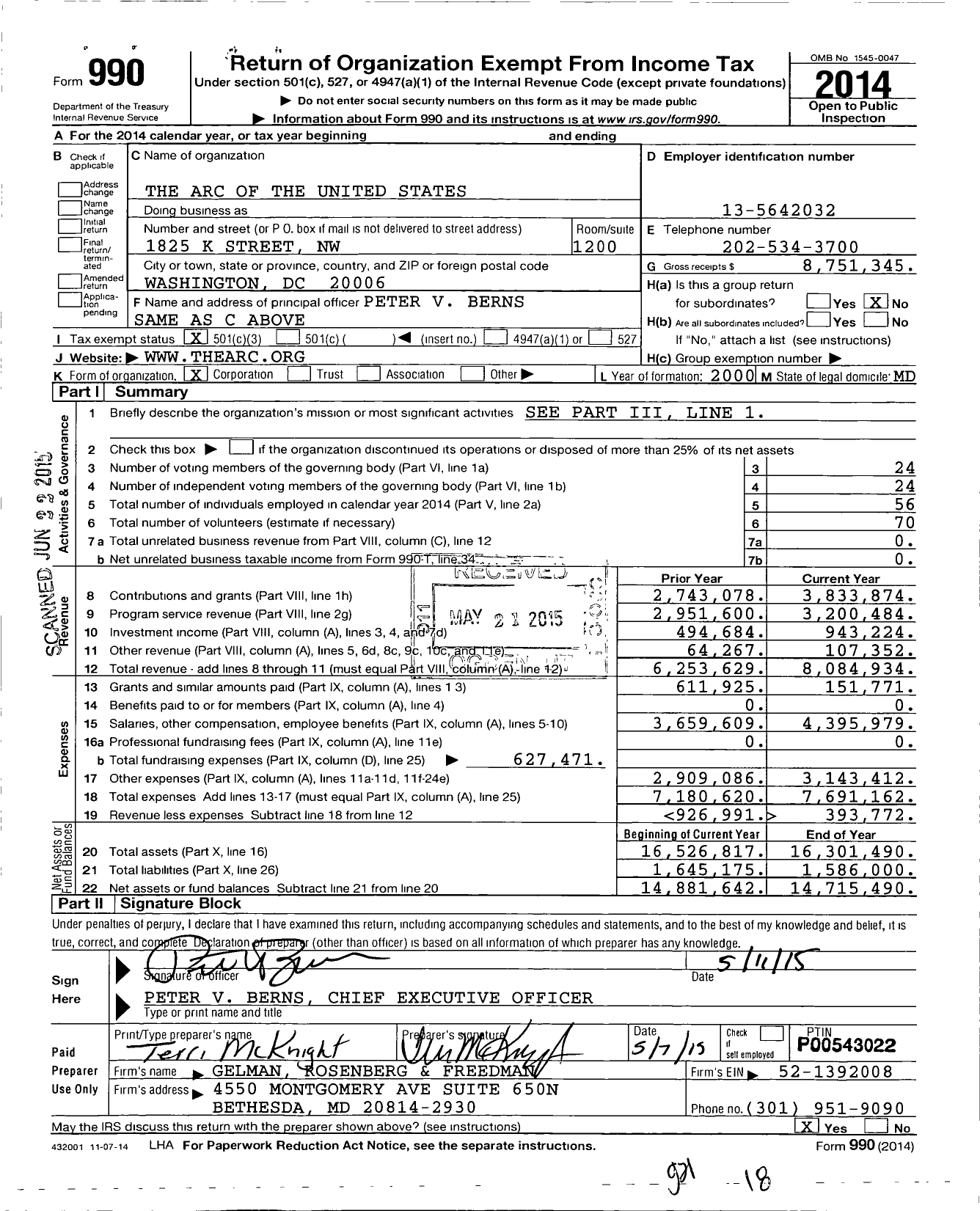 Image of first page of 2014 Form 990 for Arc of the United States