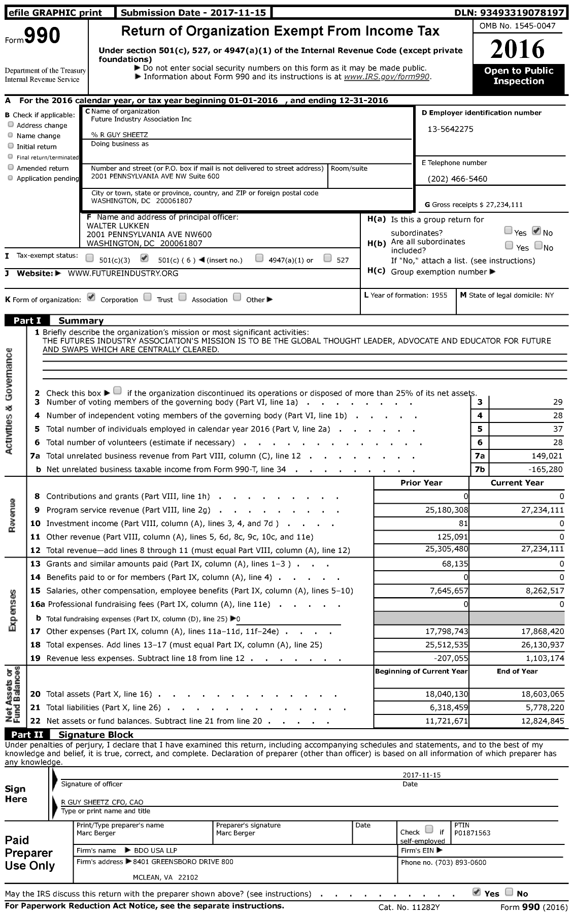 Image of first page of 2016 Form 990 for Futures Industry Association (FIA)