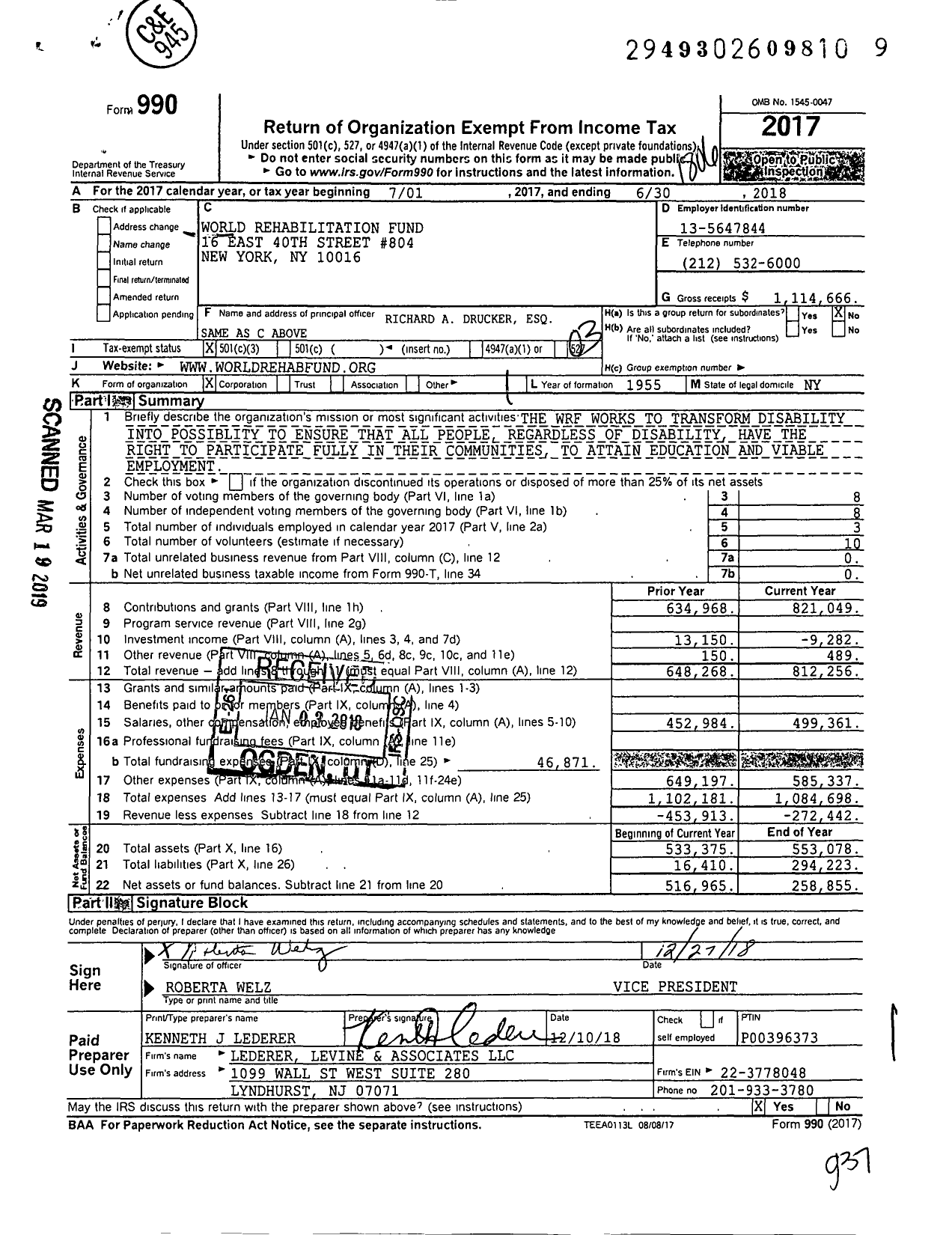 Image of first page of 2017 Form 990 for World Rehabilitation Fund (WRF)