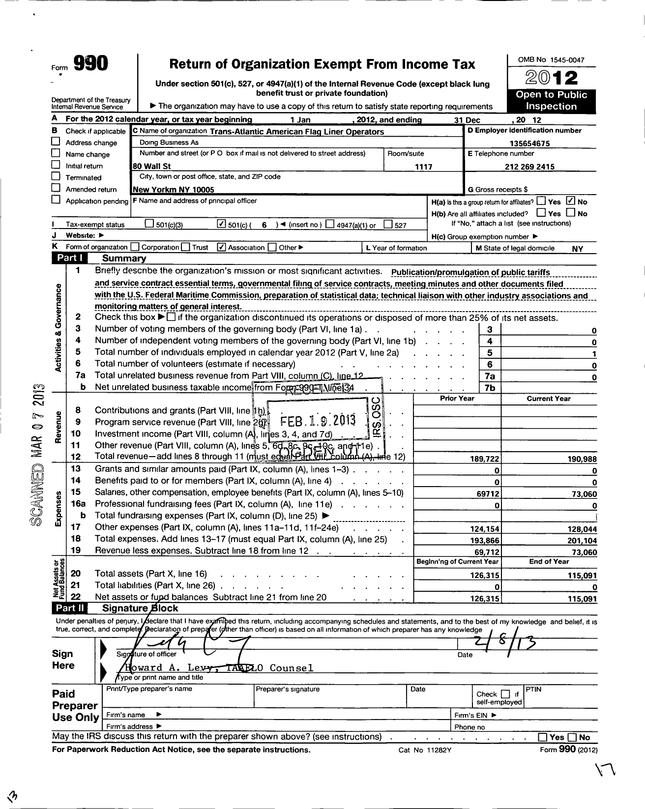 Image of first page of 2012 Form 990O for Trans-Atlantic American Flag Liner Operators (TAAFLO)