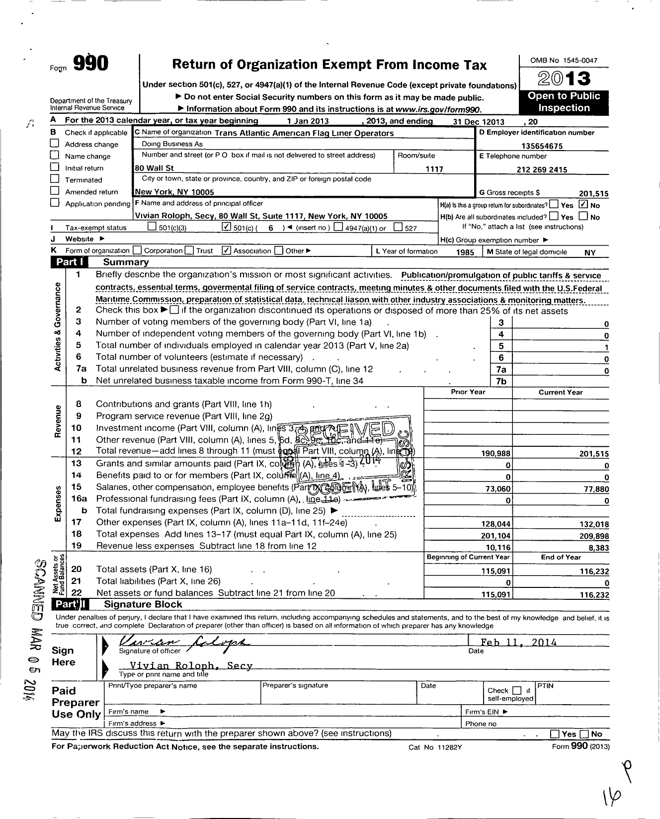 Image of first page of 2013 Form 990O for Trans-Atlantic American Flag Liner Operators (TAAFLO)