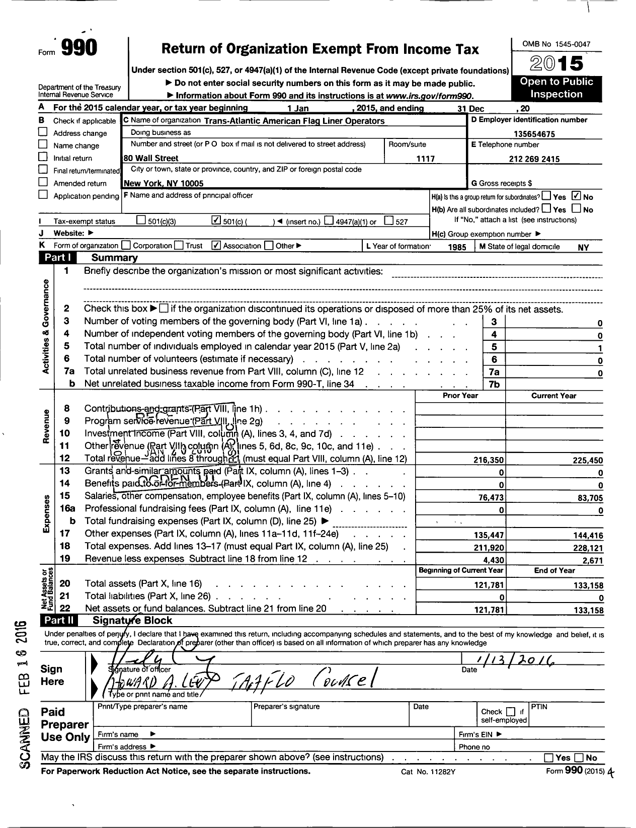 Image of first page of 2015 Form 990O for Trans-Atlantic American Flag Liner Operators (TAAFLO)