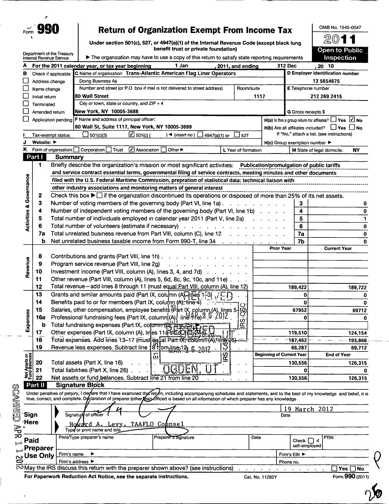 Image of first page of 2010 Form 990O for Trans-Atlantic American Flag Liner Operators (TAAFLO)