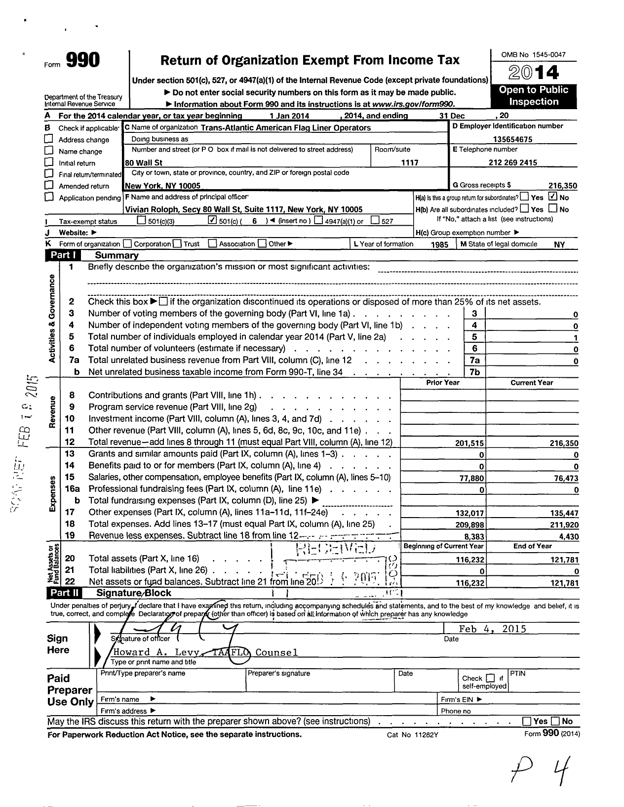 Image of first page of 2014 Form 990O for Trans-Atlantic American Flag Liner Operators (TAAFLO)