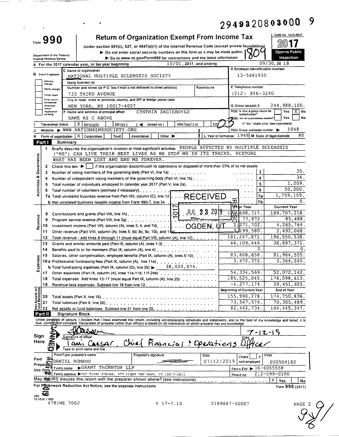 Image of first page of 2017 Form 990 for National Multiple Sclerosis Society