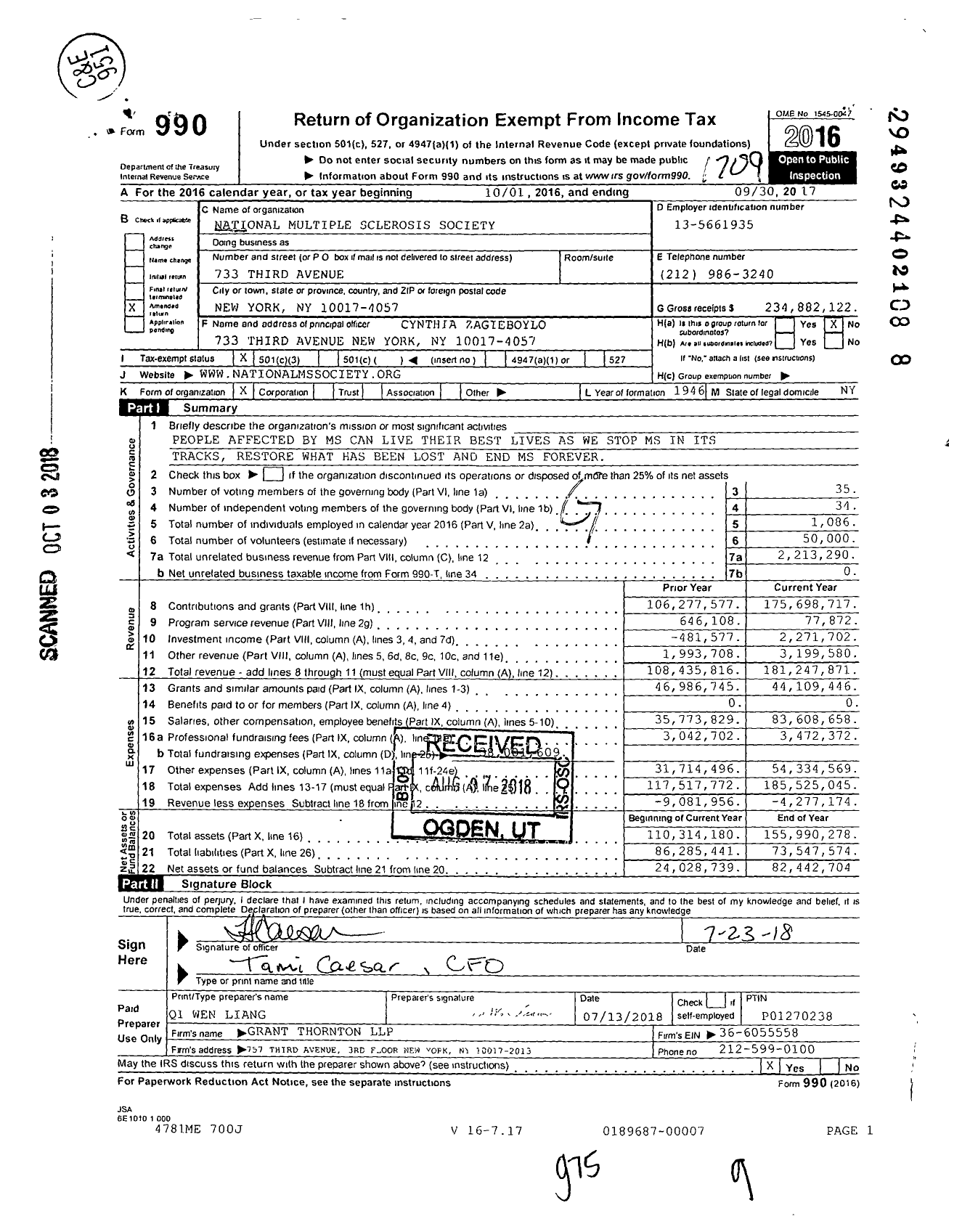 Image of first page of 2016 Form 990 for National Multiple Sclerosis Society