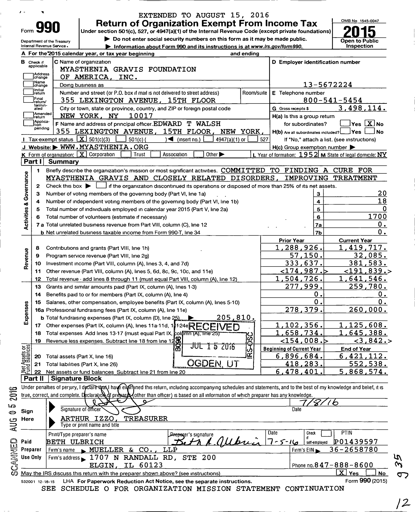 Image of first page of 2015 Form 990 for Myasthenia Gravis Foundation of America (MGFA)