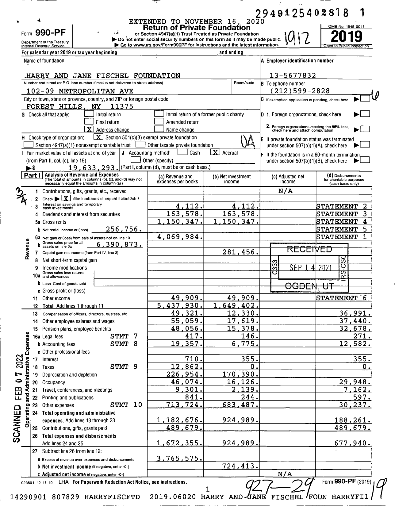 Image of first page of 2019 Form 990PF for Harry and Jane Fischel Foundation