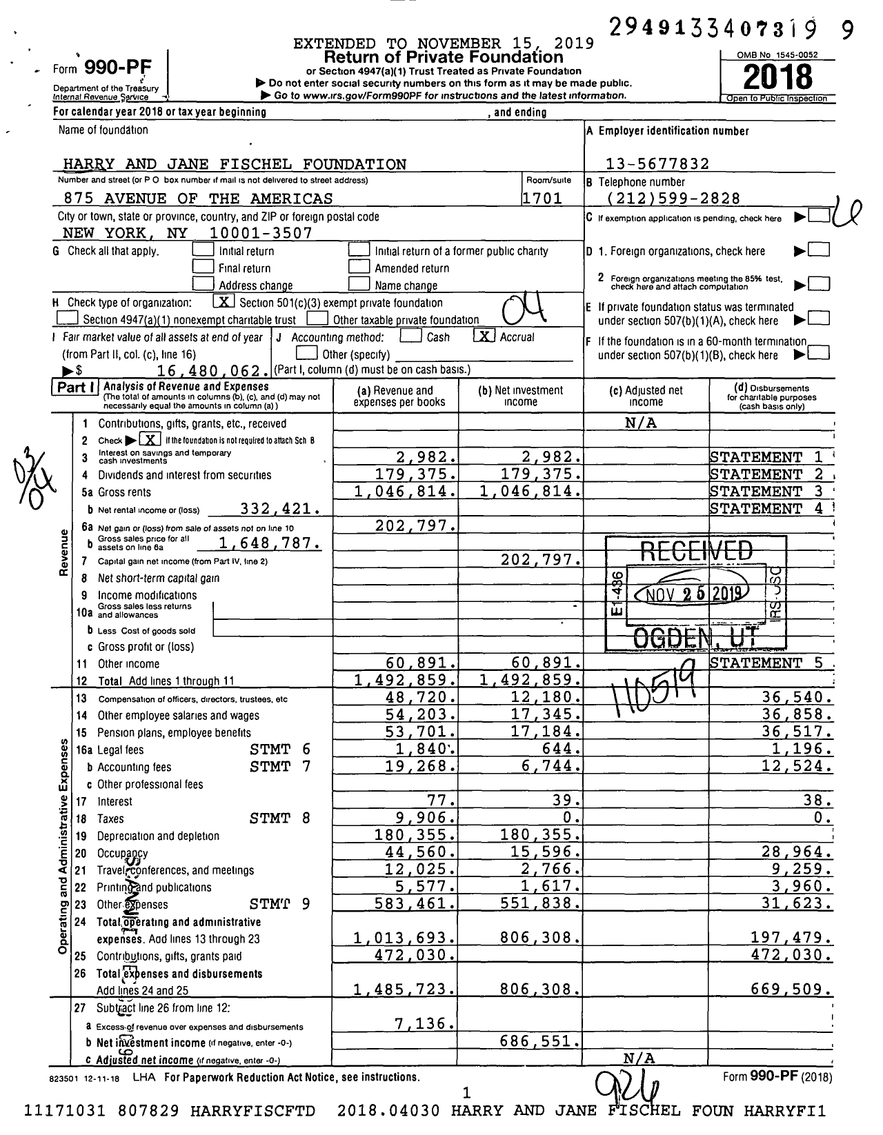 Image of first page of 2018 Form 990PF for Harry and Jane Fischel Foundation