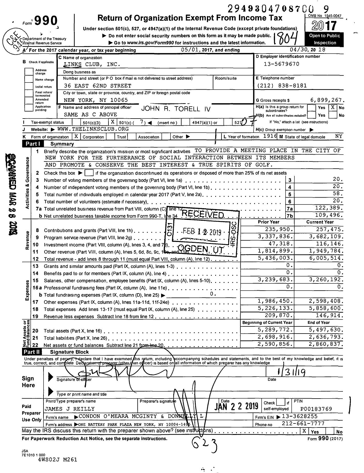 Image of first page of 2017 Form 990O for Links Club