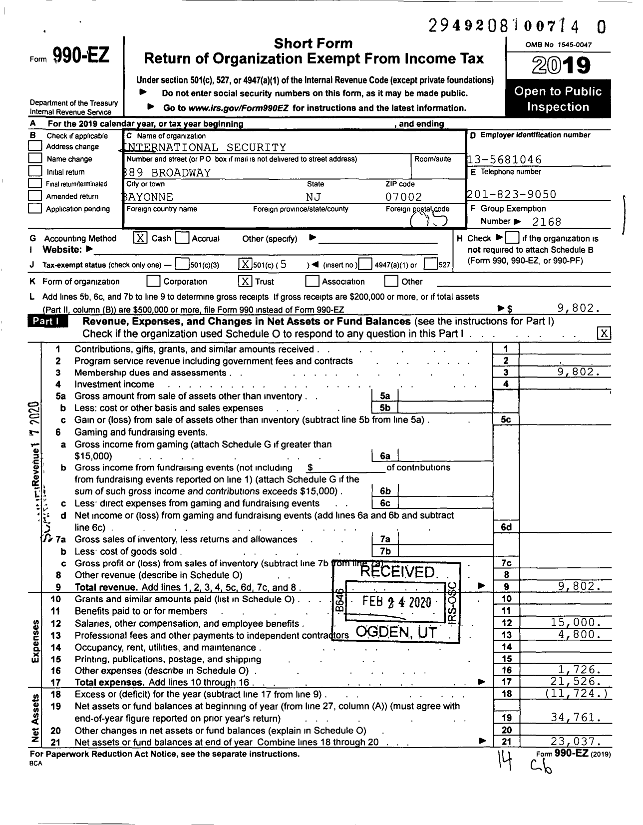 Image of first page of 2019 Form 990EO for International Security Officers Police Guards Union