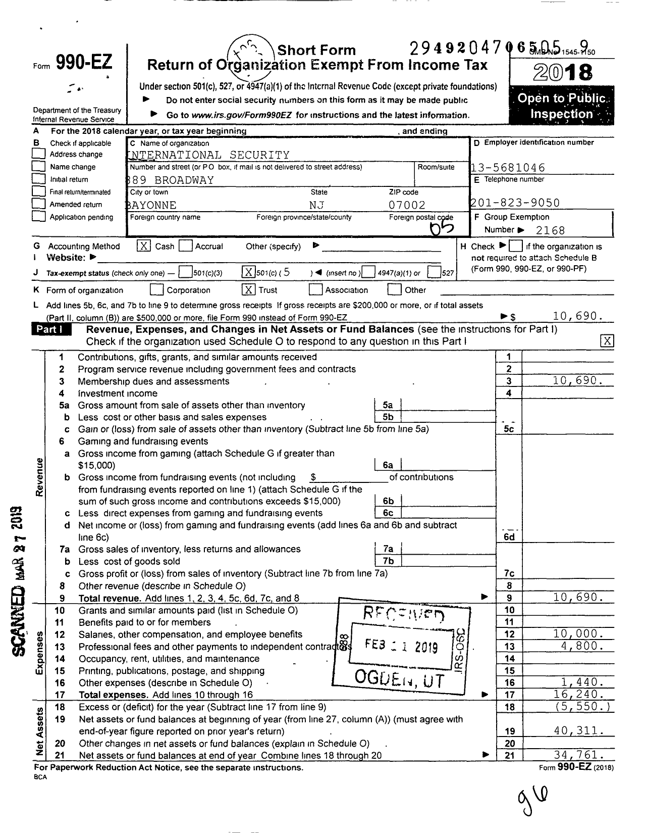 Image of first page of 2018 Form 990EO for International Security Officers Police Guards Union