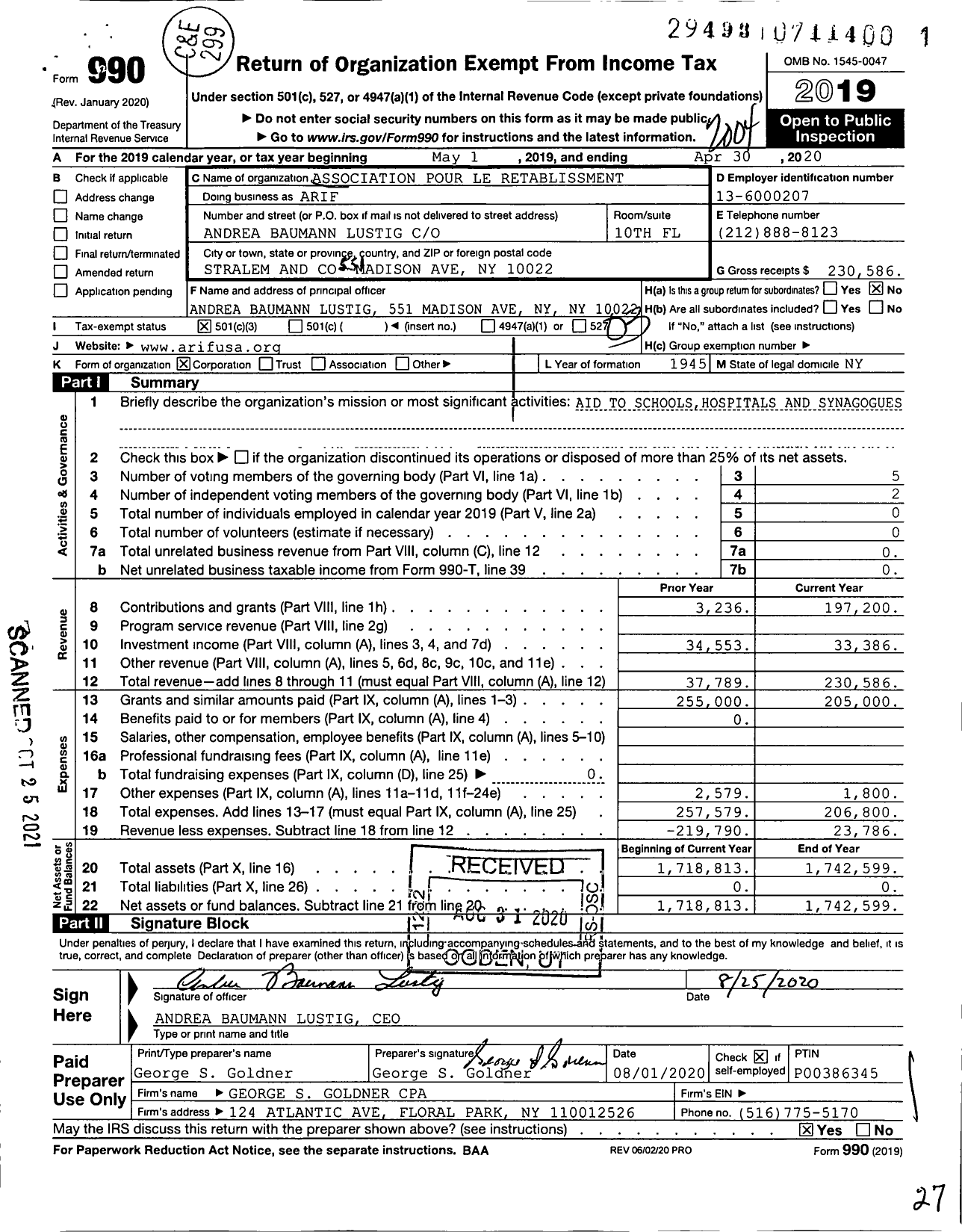 Image of first page of 2019 Form 990 for Arif Andrea Baumann Lustig