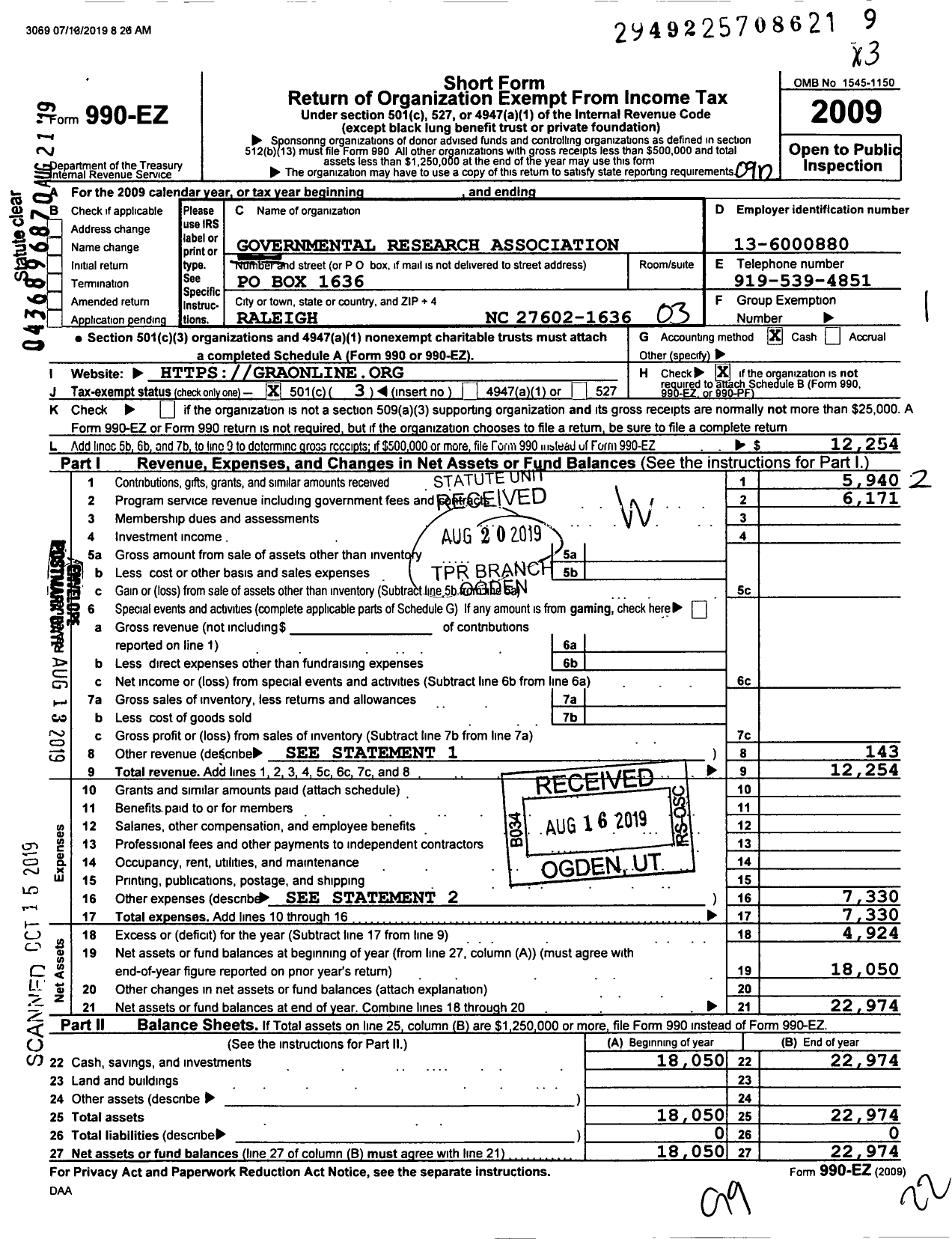 Image of first page of 2008 Form 990EZ for Governmental Research Association