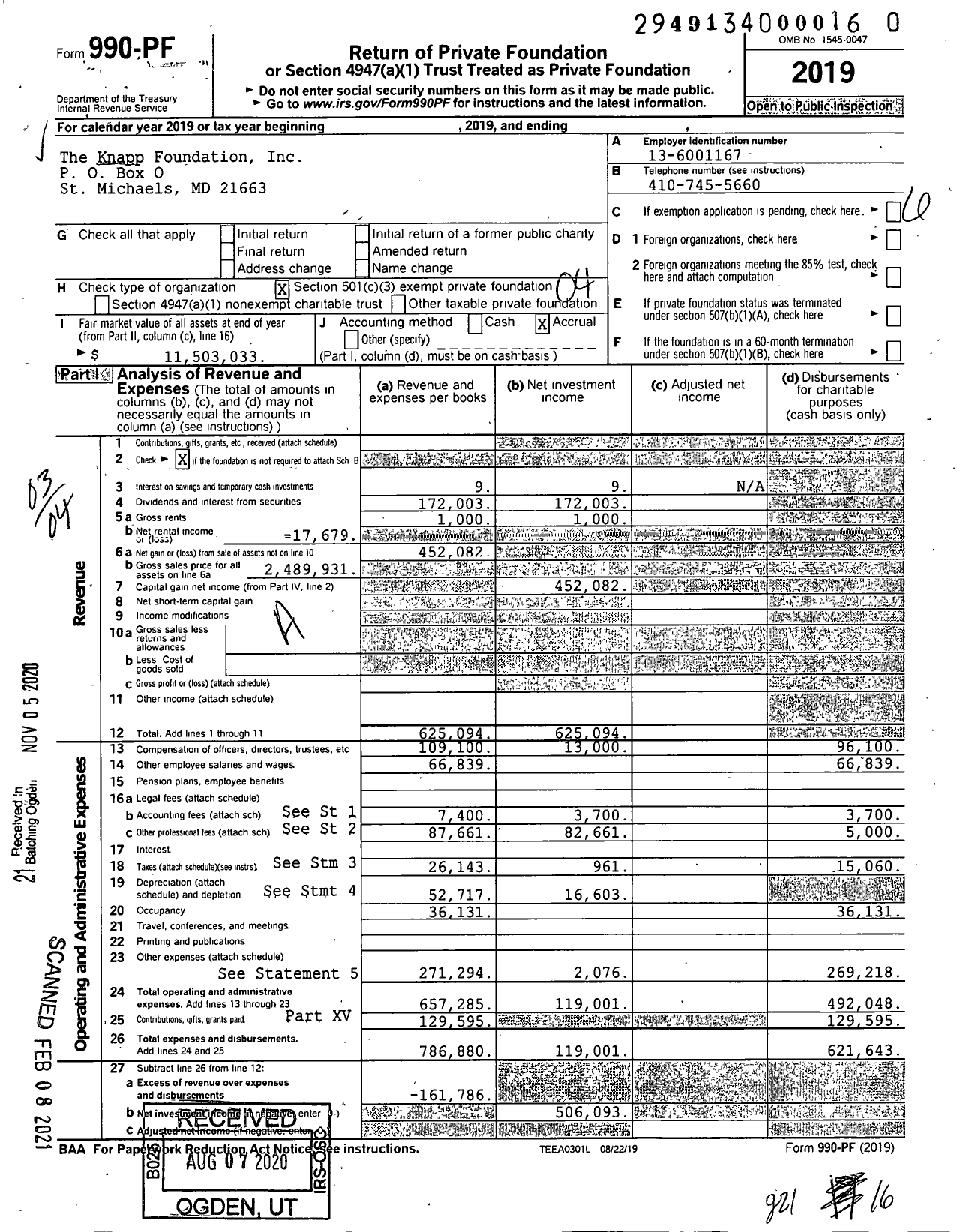 Image of first page of 2019 Form 990PF for The Knapp Foundation