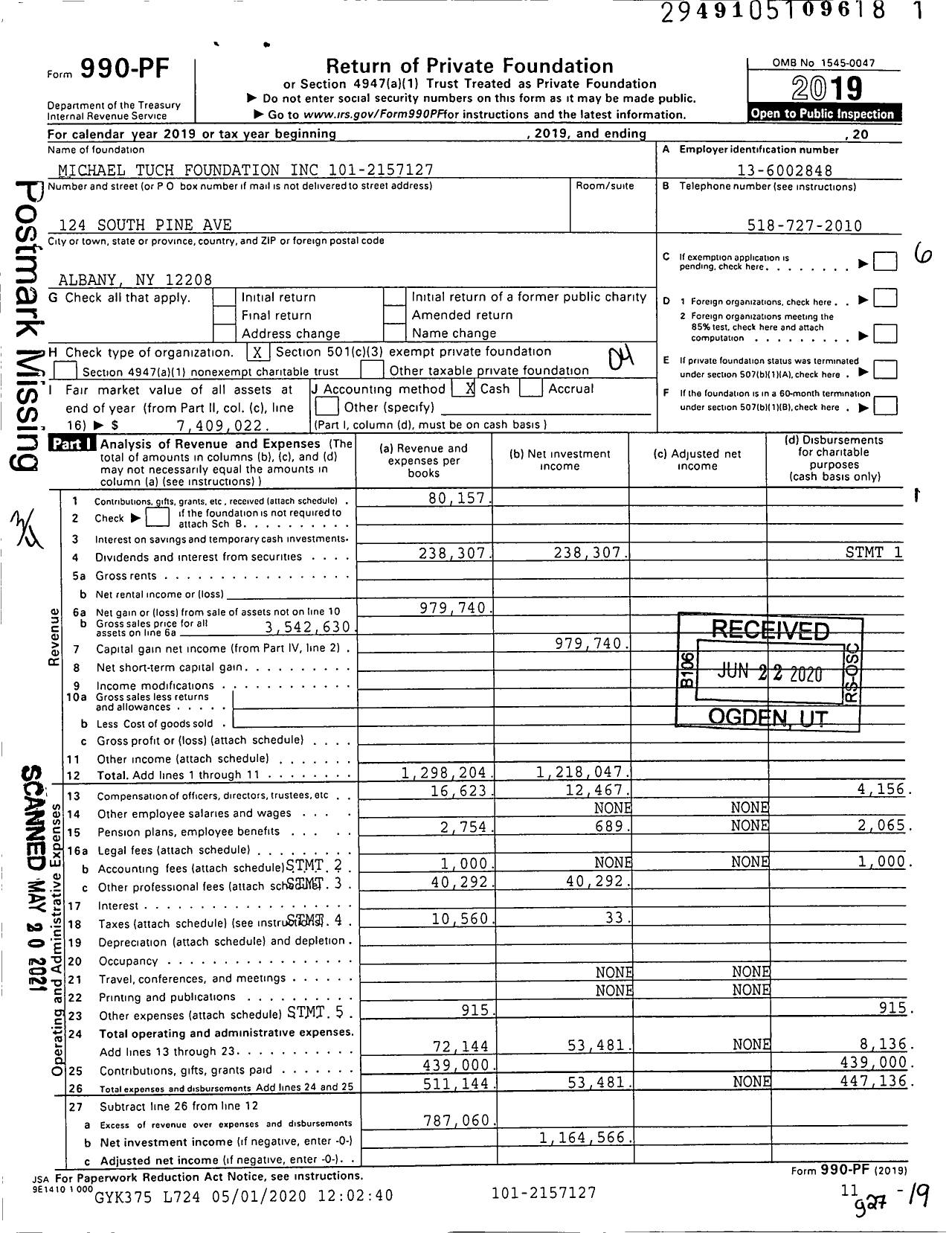 Image of first page of 2019 Form 990PF for Michael Tuch Foundation