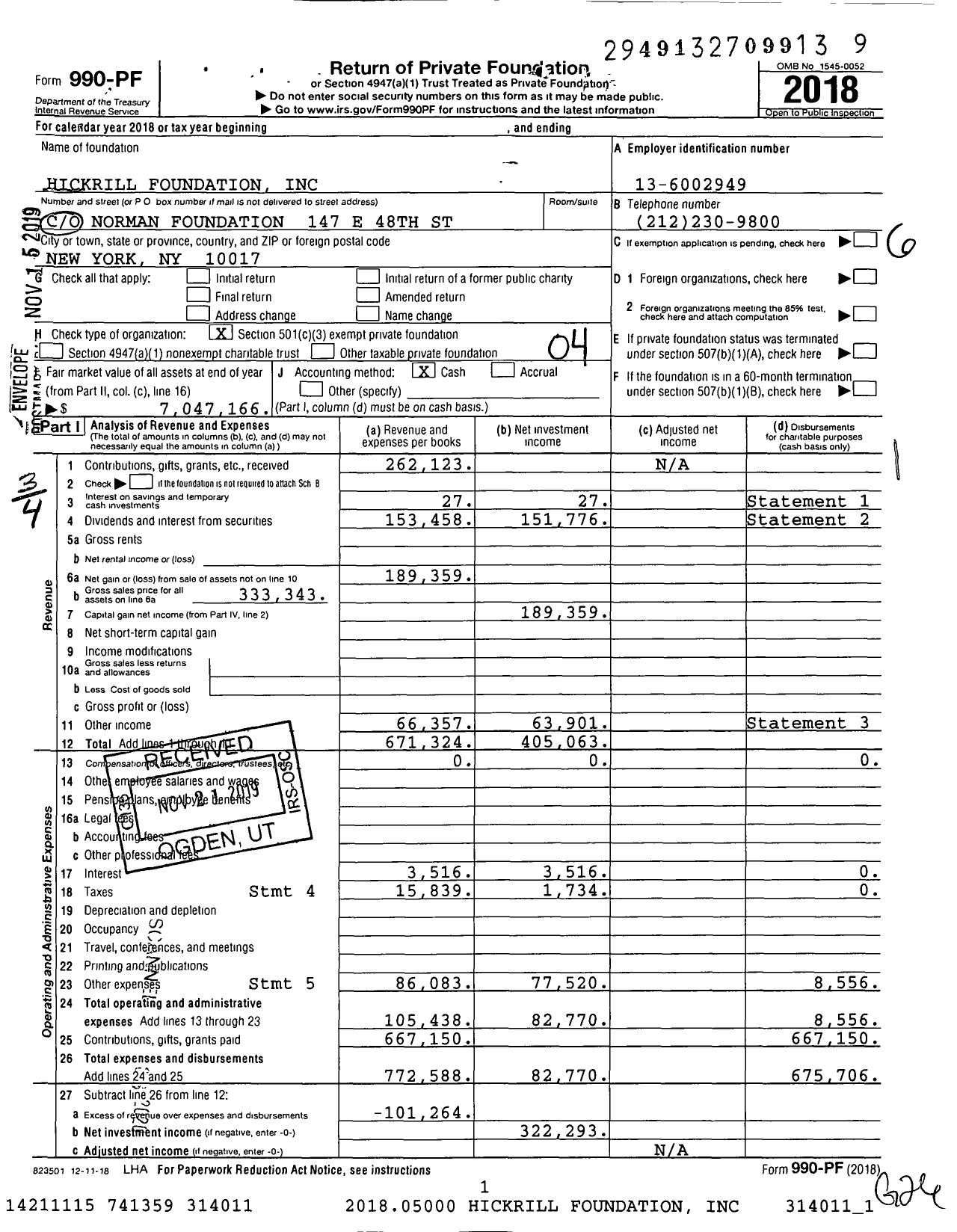 Image of first page of 2018 Form 990PF for Hickrill Foundation