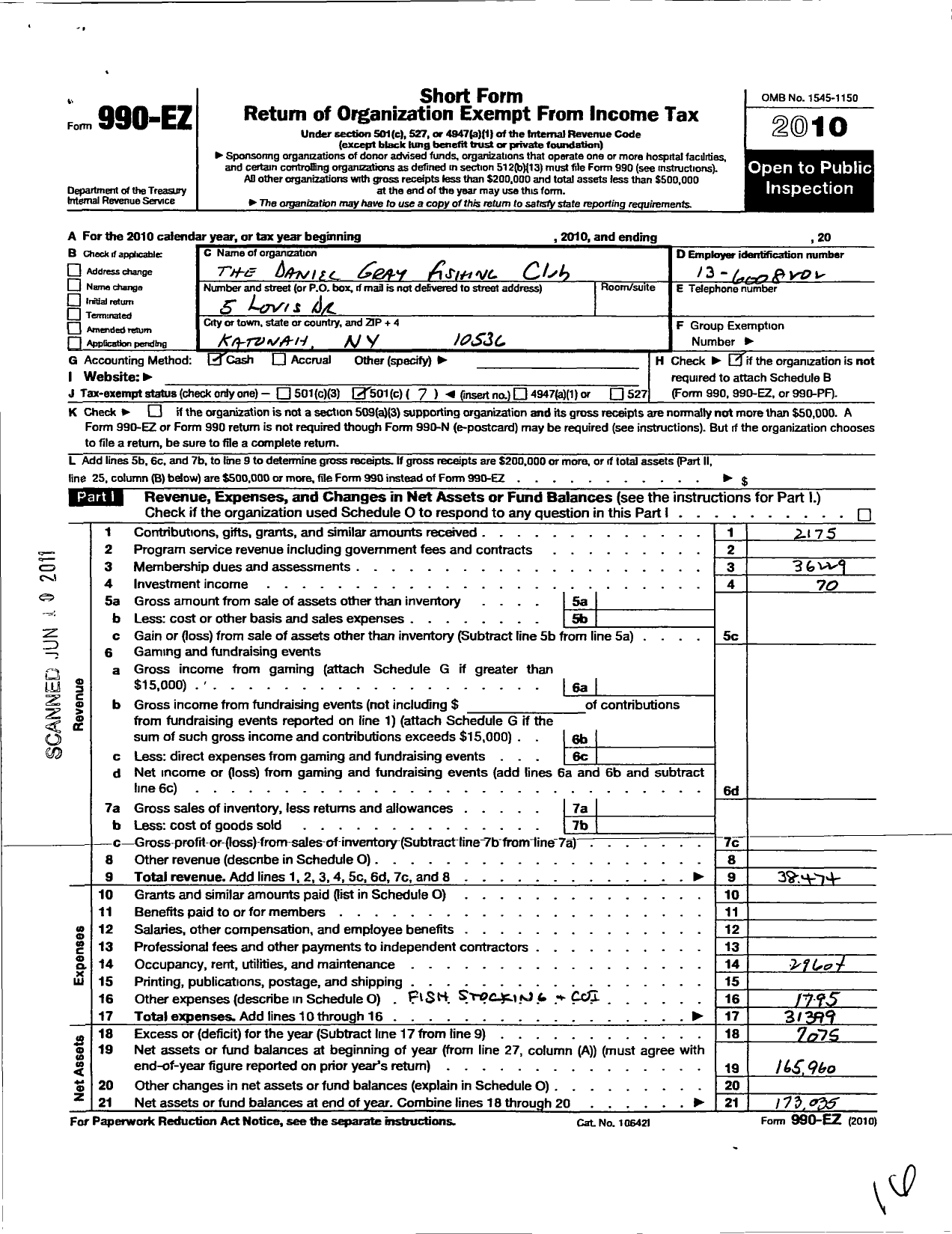 Image of first page of 2010 Form 990EO for Daniel Gray Fishing Club of White Plains N Y