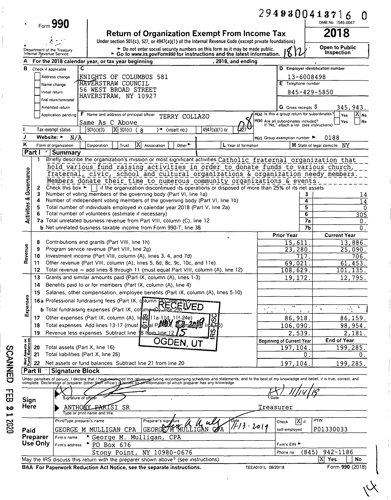 Image of first page of 2018 Form 990O for Knights of Columbus - 581 Haverstraw