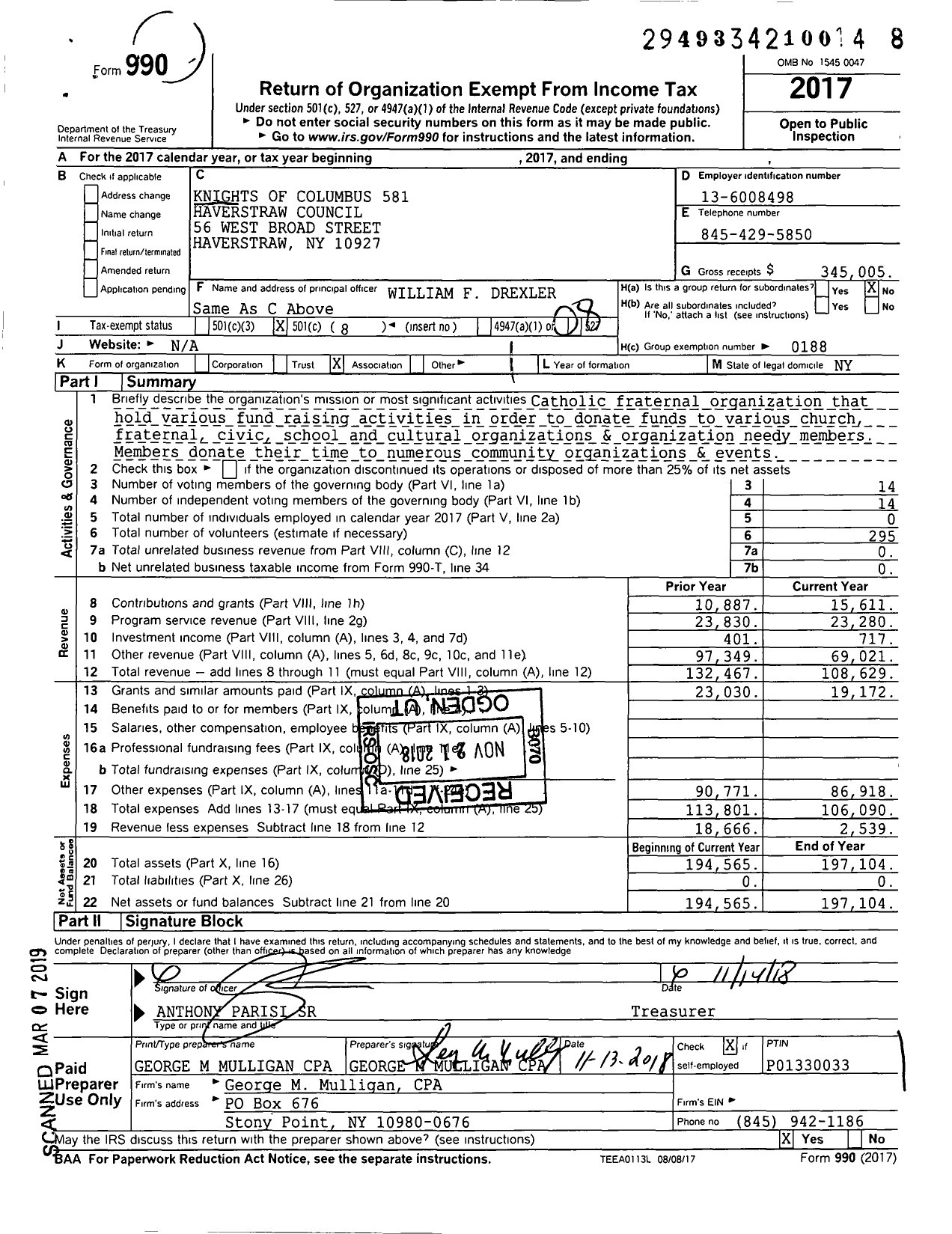 Image of first page of 2017 Form 990O for Knights of Columbus - 581 Haverstraw