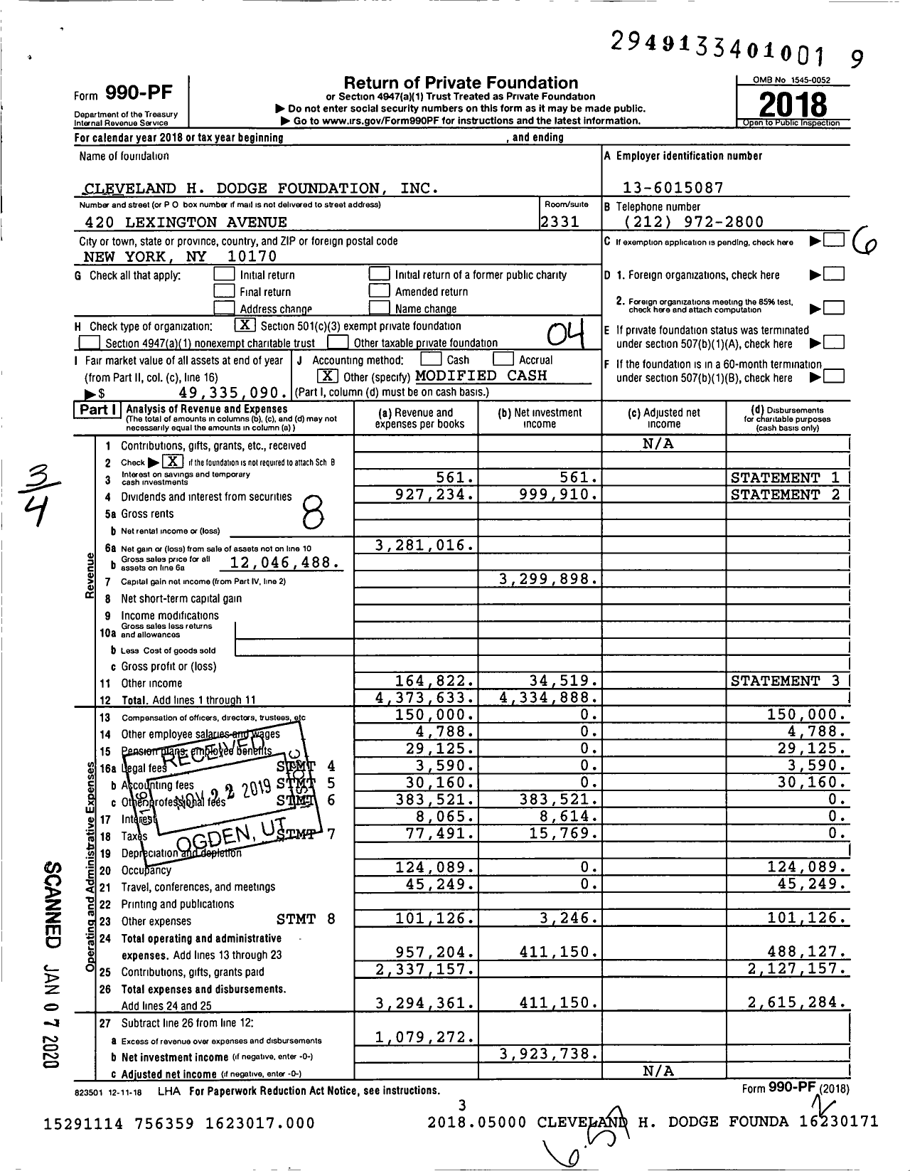 Image of first page of 2018 Form 990PF for Cleveland H Dodge Foundation