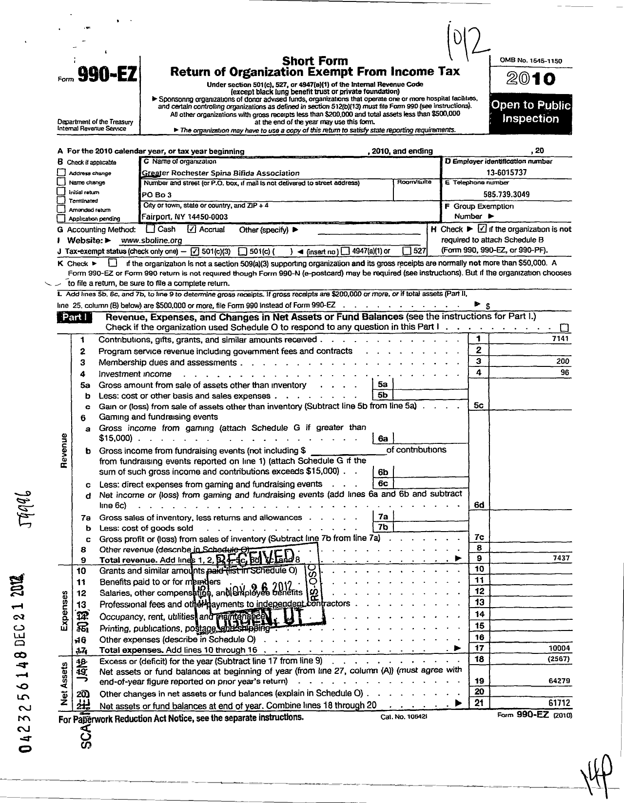 Image of first page of 2010 Form 990EZ for Greater Rochester Ny Spina Bifida Association