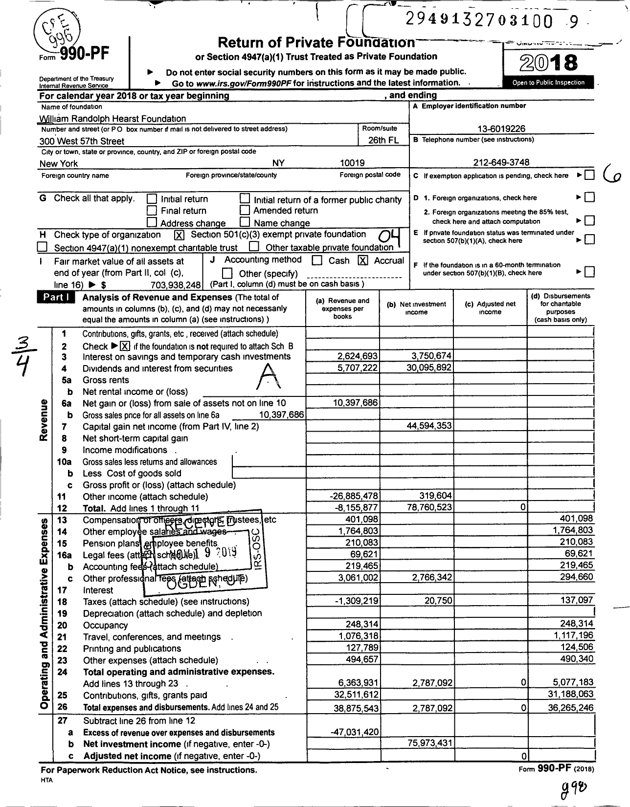 Image of first page of 2018 Form 990PF for Hearst Foundations