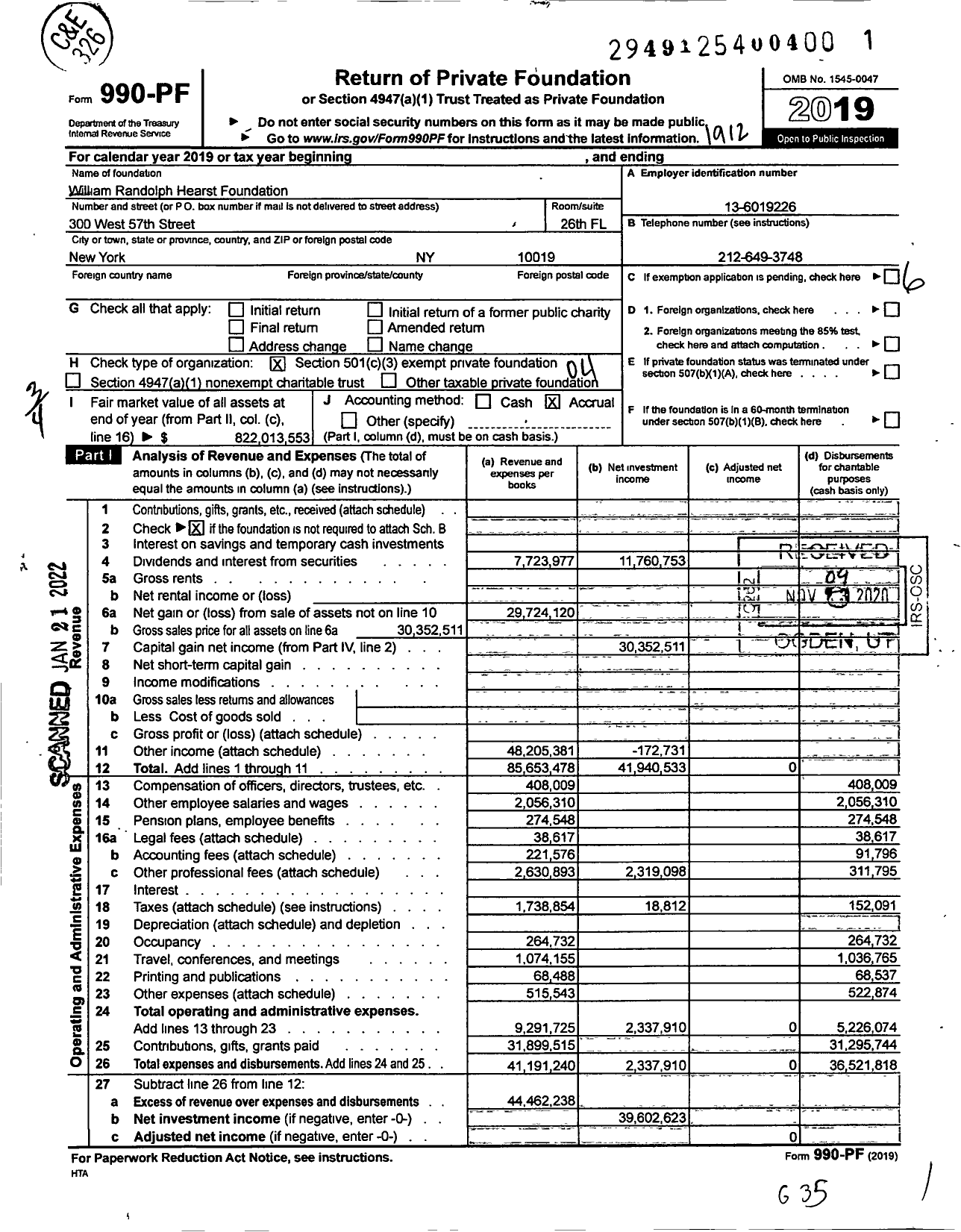 Image of first page of 2019 Form 990PF for Hearst Foundations