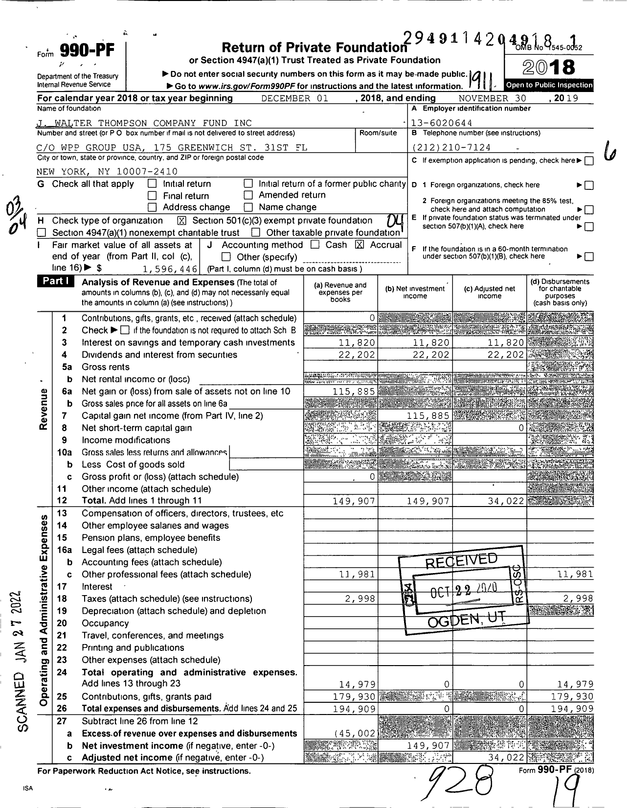 Image of first page of 2018 Form 990PF for J Walter Thompson Company Fund