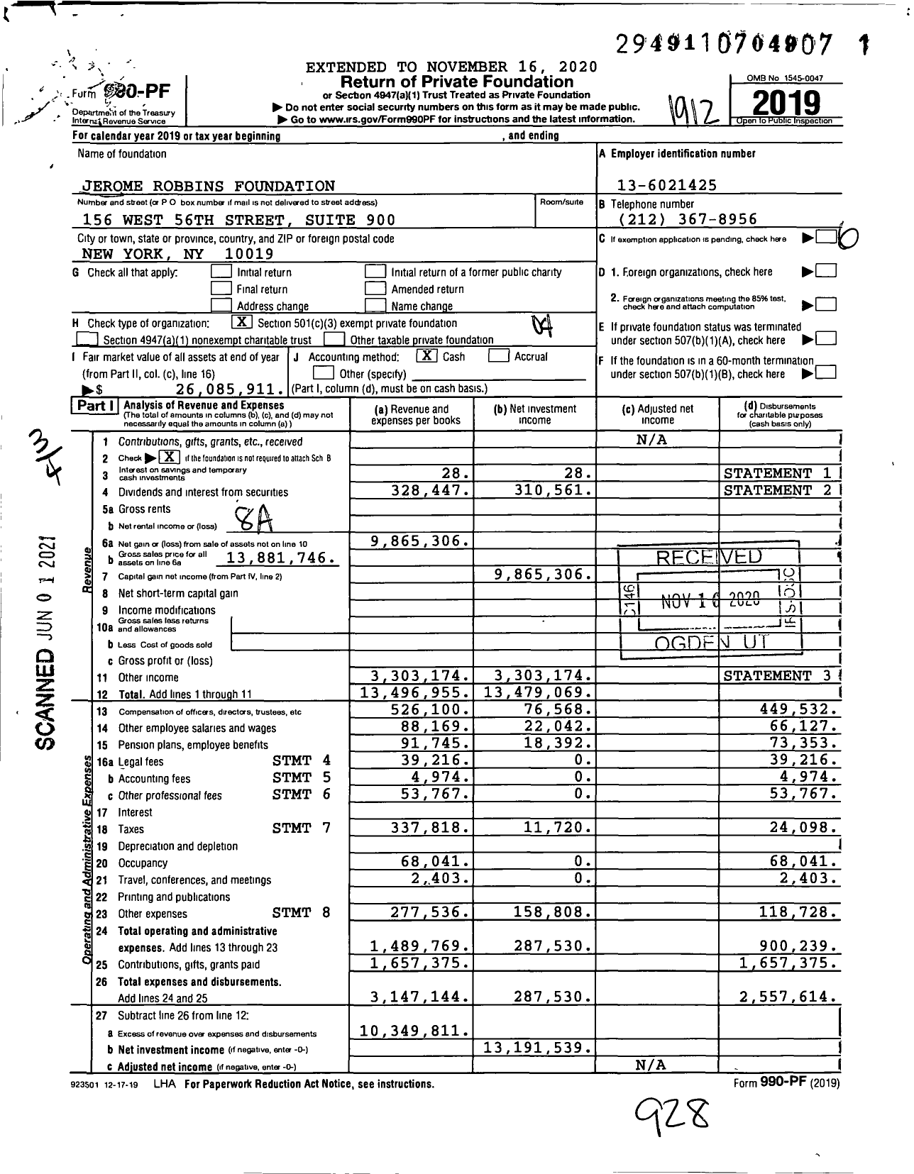 Image of first page of 2019 Form 990PF for Jerome Robbins Foundation