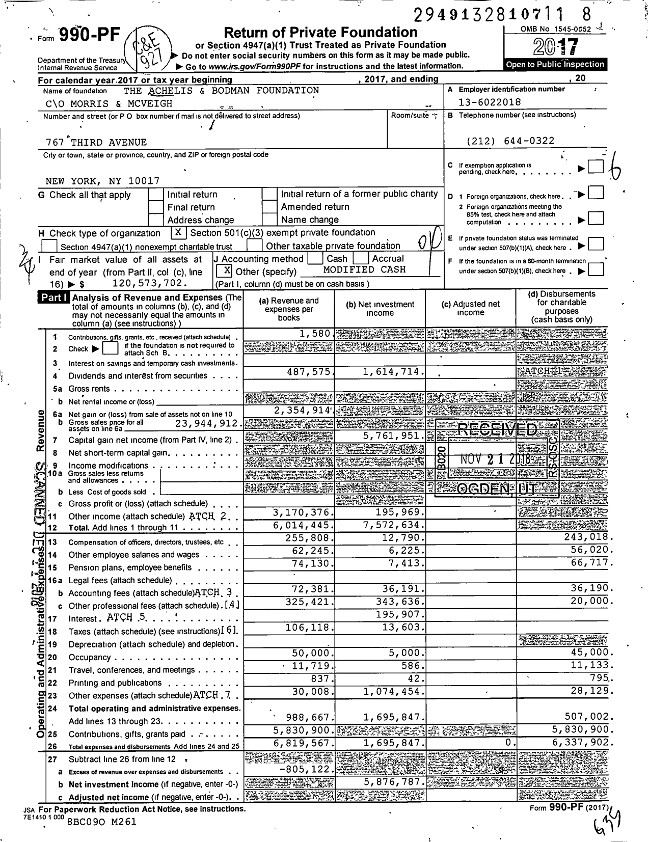 Image of first page of 2017 Form 990PF for Achelis and Bodman Foundation