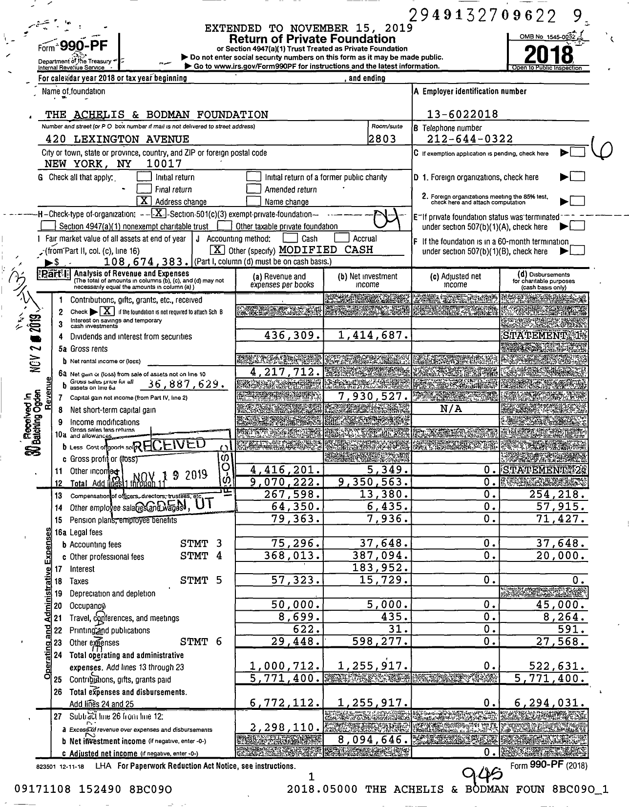 Image of first page of 2018 Form 990PF for Achelis and Bodman Foundation